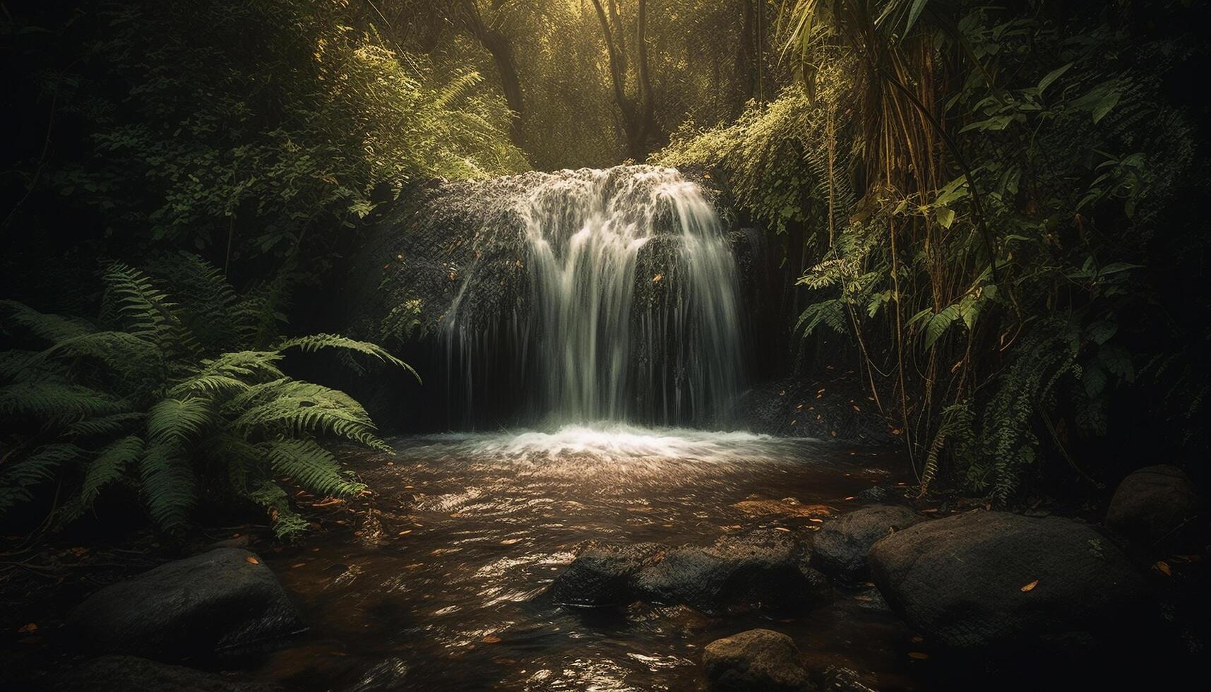 tranquille scène de écoulement l'eau dans forêt généré par ai photo