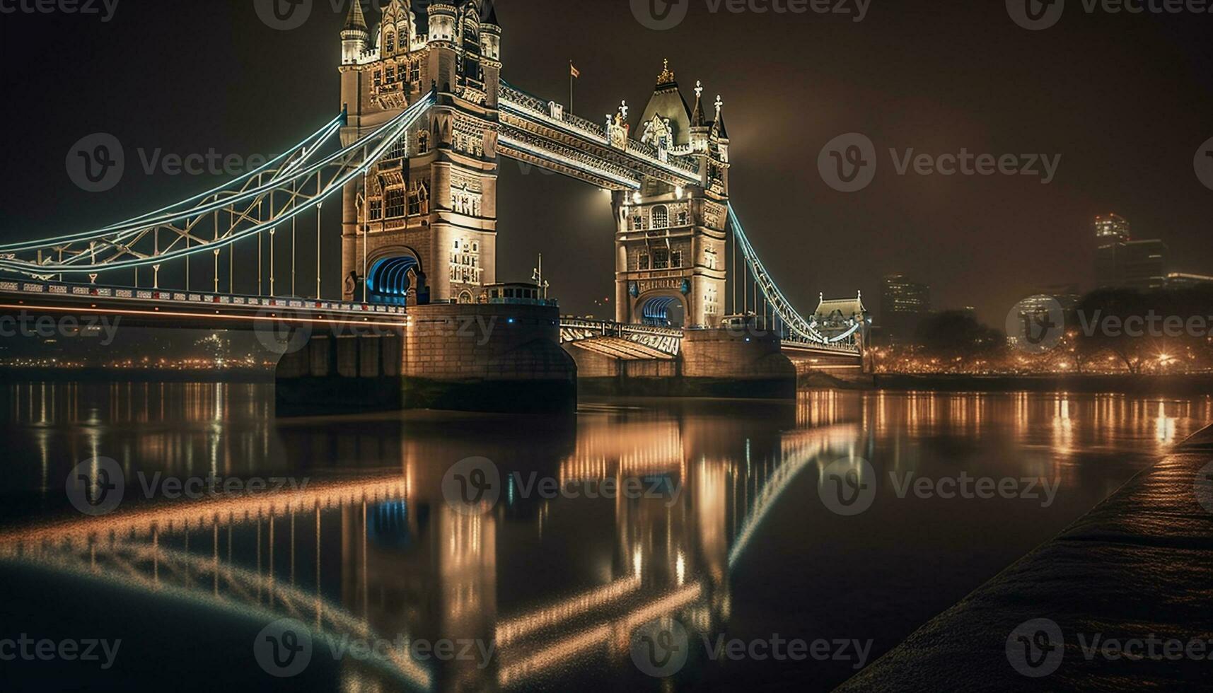 illuminé suspension pont majestueusement reflète dans l'eau généré par ai photo