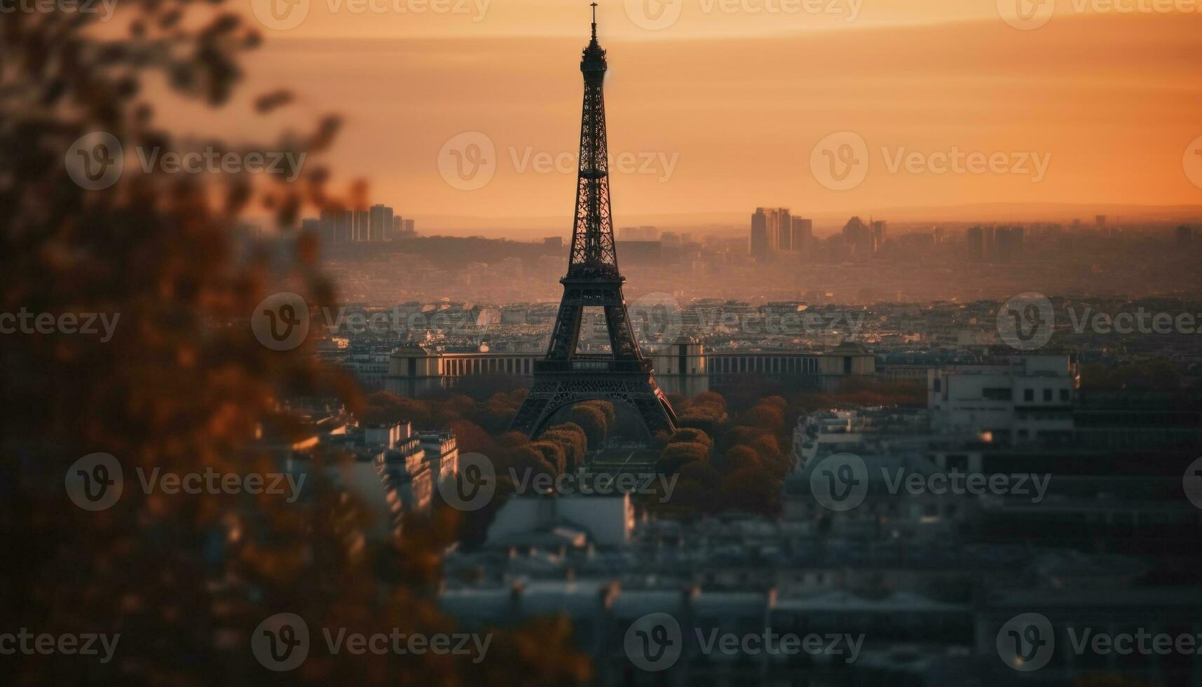 romantique Paris horizon à crépuscule, illuminé par le coucher du soleil généré par ai photo