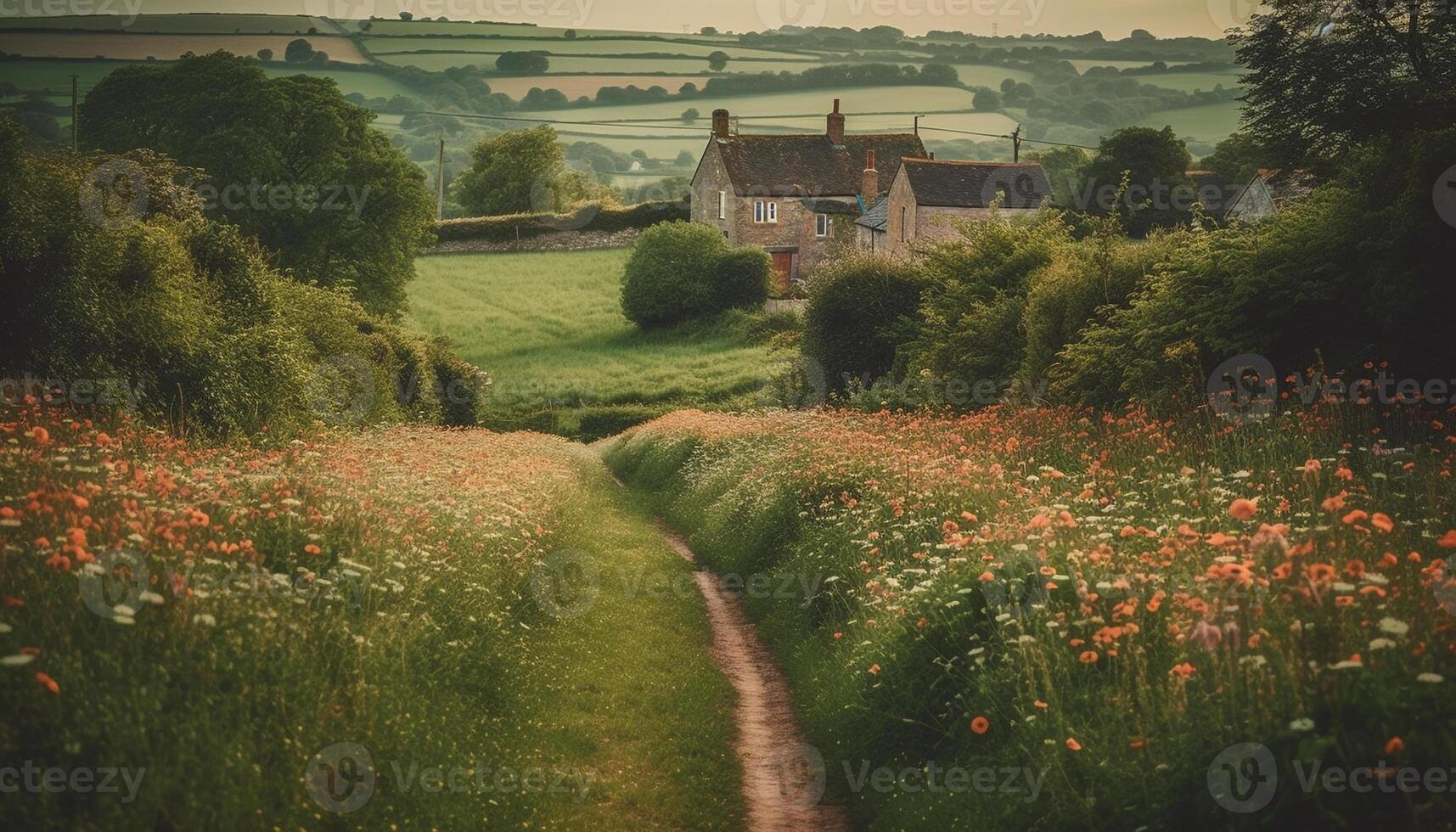 tranquille prairie, rustique clôture, fleurs sauvages dans Floraison généré par ai photo