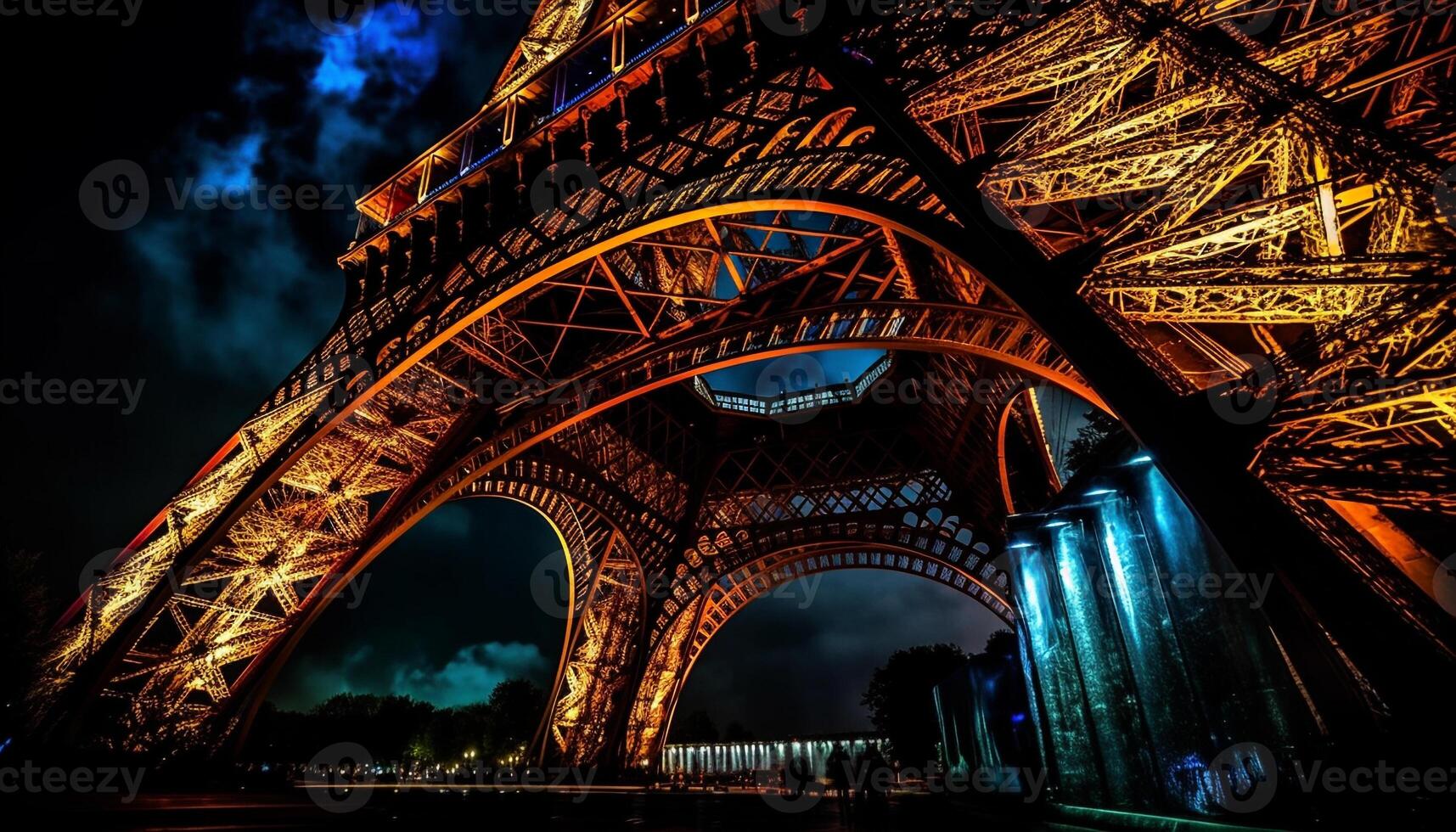 illuminé arches ize Parisien majesté à nuit généré par ai photo