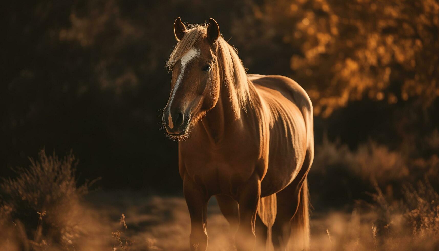 étalon broute dans tranquille Prairie à le coucher du soleil généré par ai photo