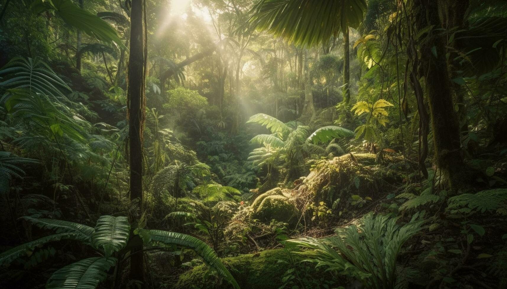 tropical forêt tropicale croissance, fougères, et paume des arbres généré par ai photo