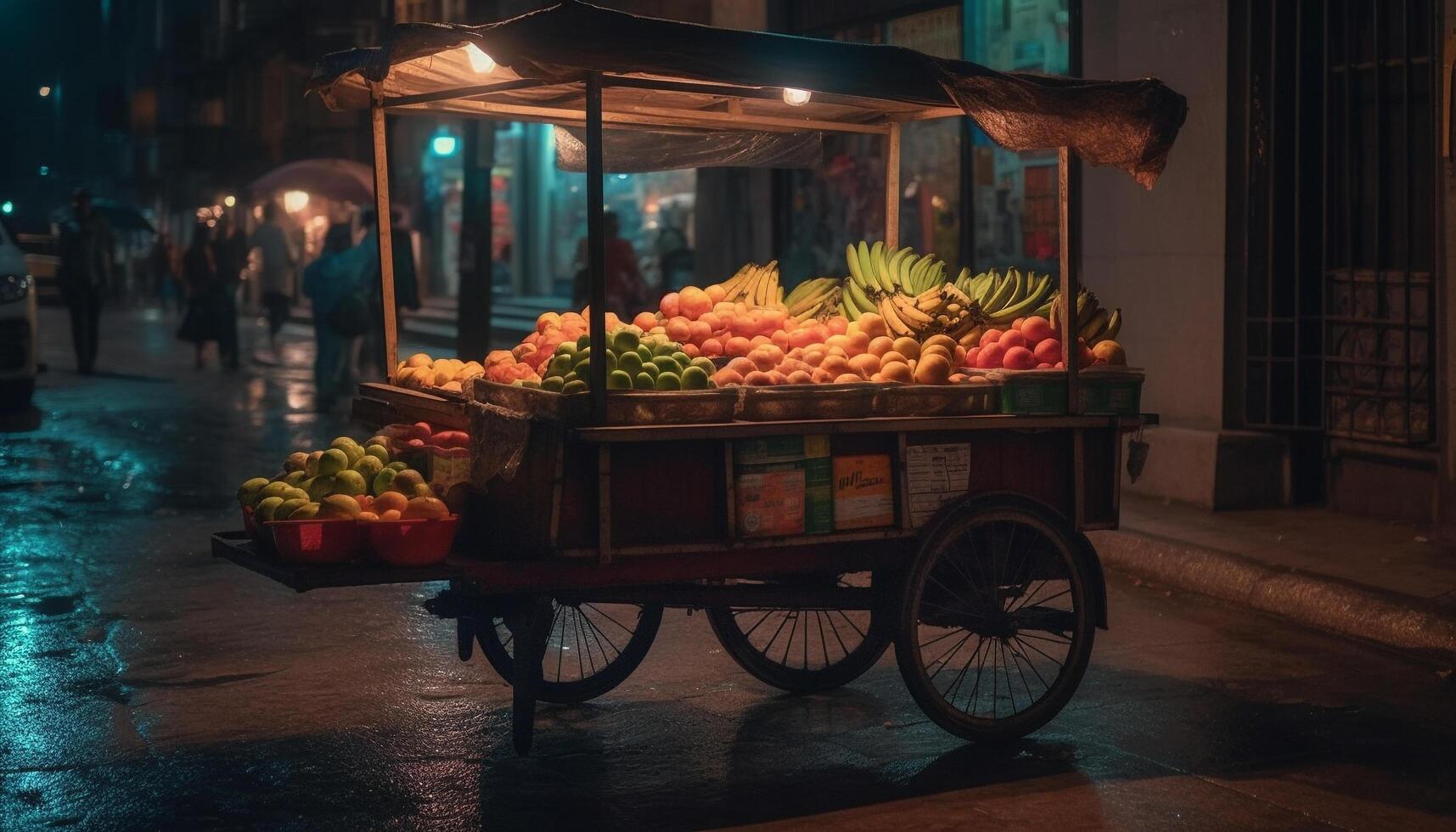 rue marché vendeur vente Frais des fruits et des légumes généré par ai photo