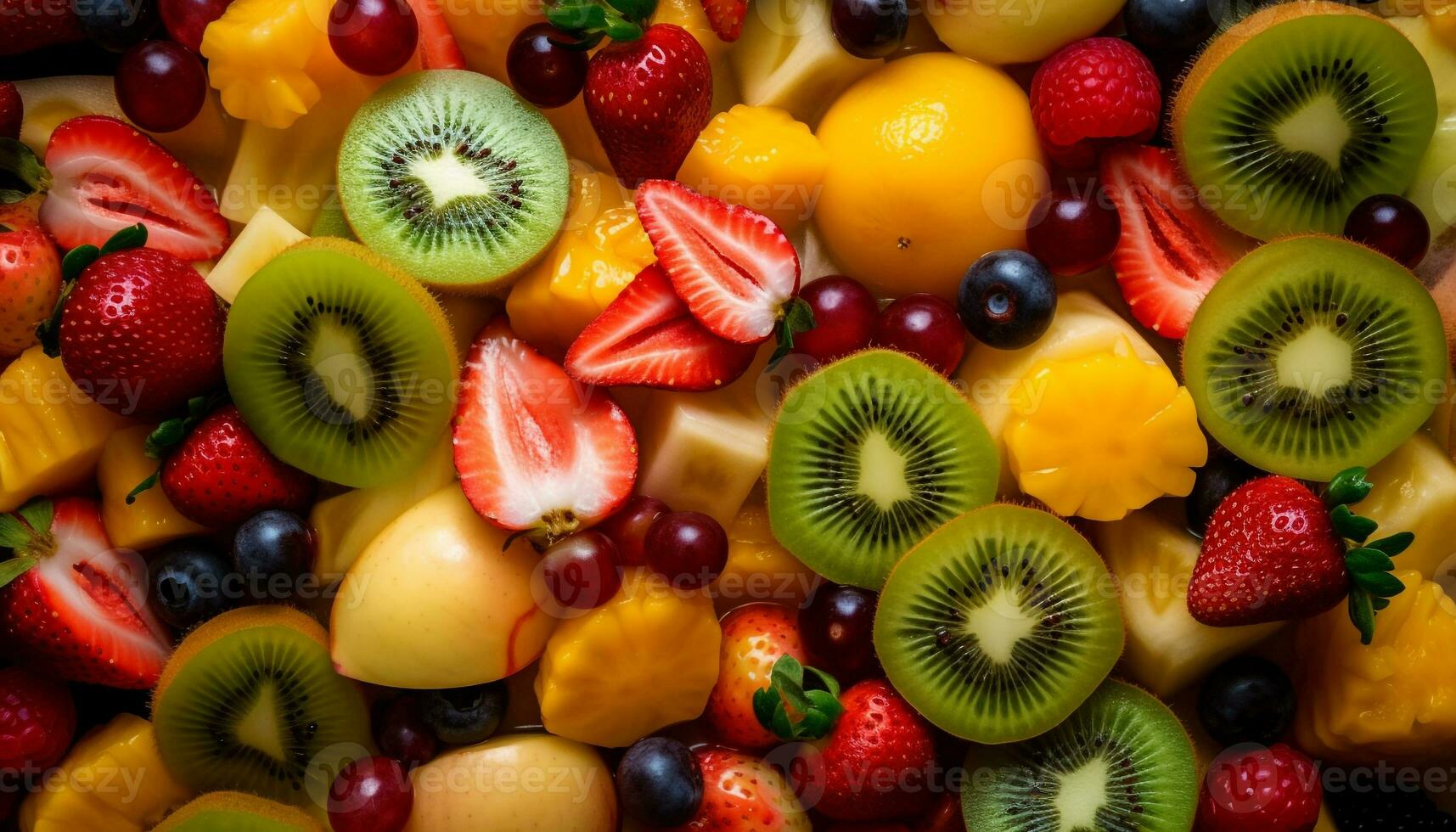 vibrant fruit salade kiwi, fraise, orange, grain de raisin généré par ai photo