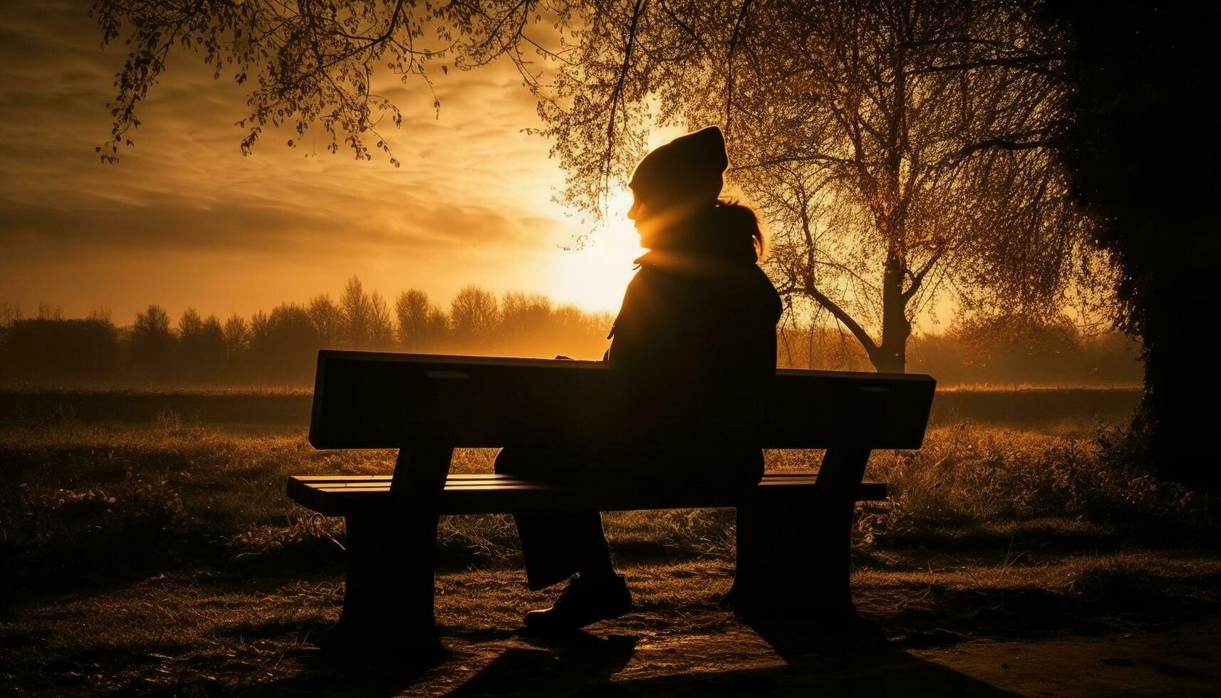 silhouette de musicien en jouant guitare à le coucher du soleil généré par ai photo