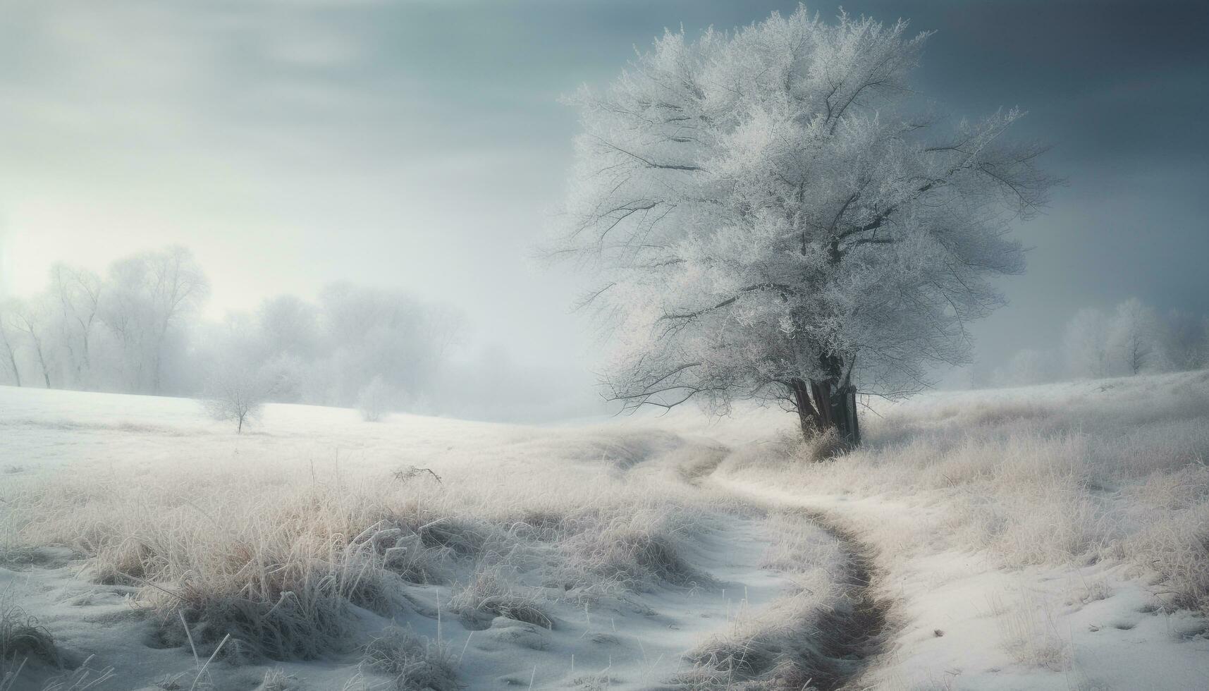 tranquille hiver forêt, neige couvert prairie, brumeux Contexte généré par ai photo