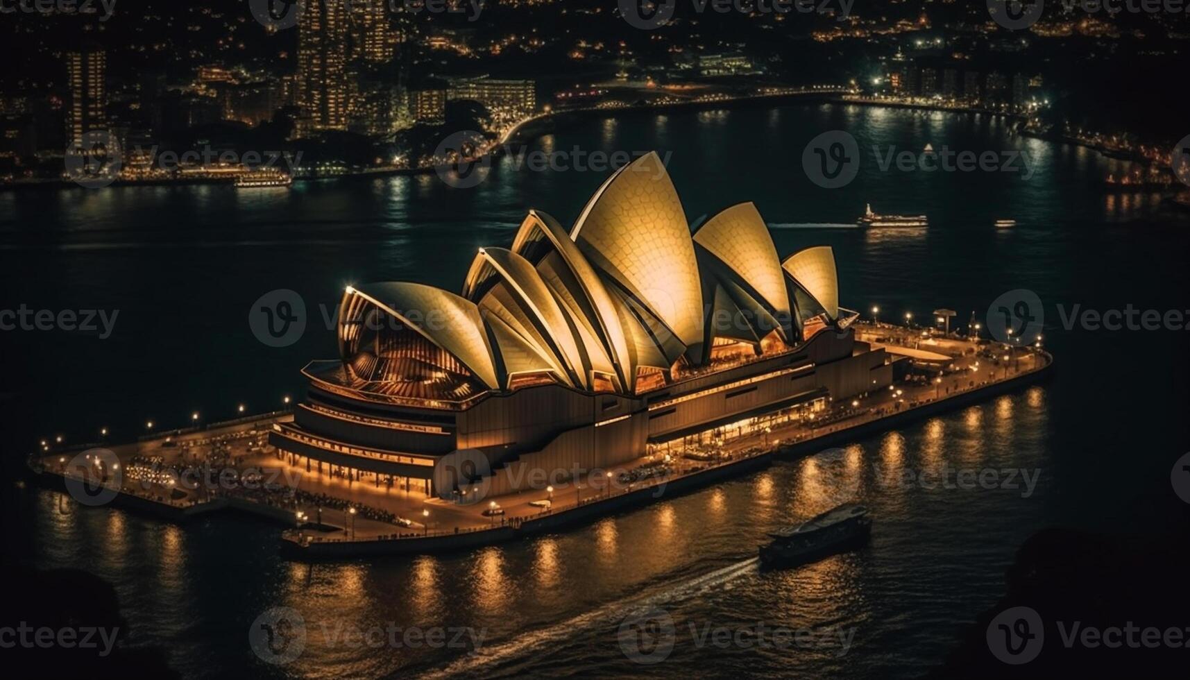 illuminé paysage urbain reflète sur l'eau à crépuscule généré par ai photo