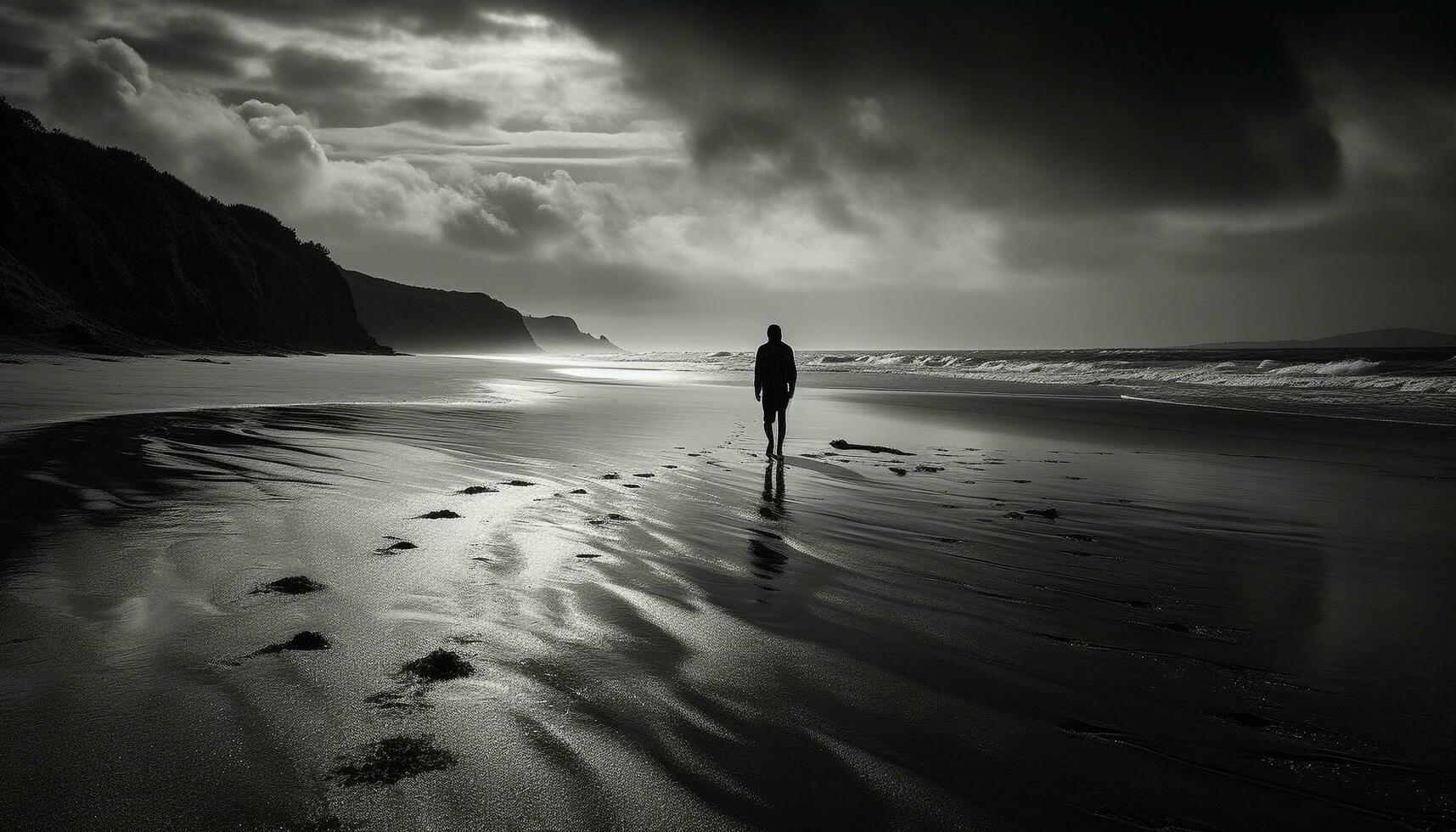 solitude dans nature, en marchant le tranquille littoral généré par ai photo