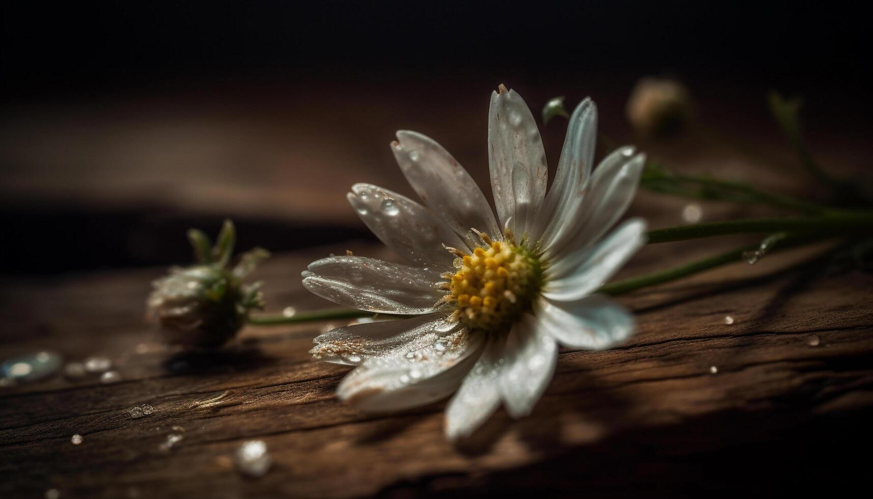 Frais camomille usine, humide avec Matin rosée généré par ai photo