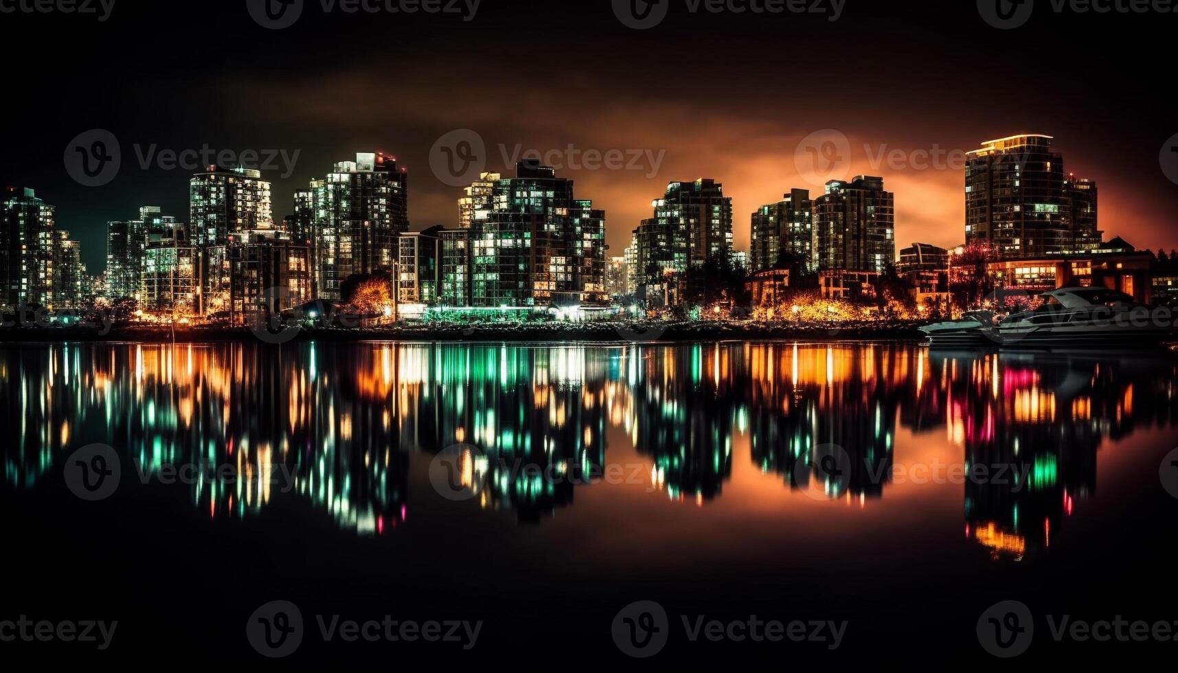 brillant ville lumières réfléchir sur front de mer à crépuscule génératif ai photo