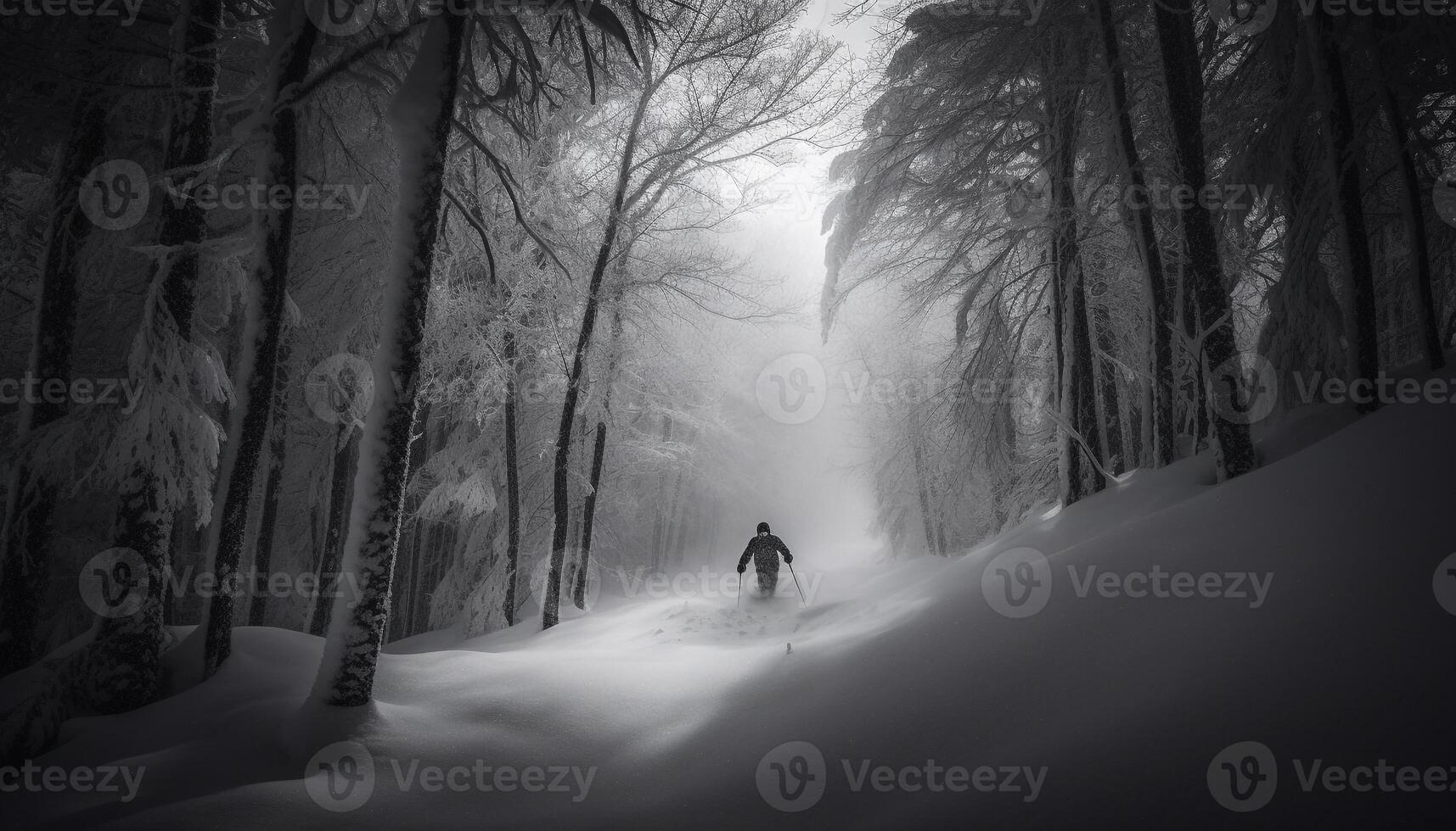 silhouette en marchant par brumeux hiver forêt seul génératif ai photo