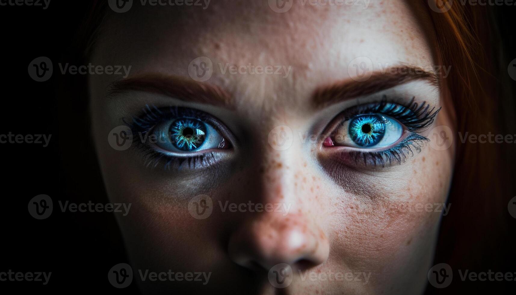 bleu regardé femmes regarder à caméra, beauté capturé génératif ai photo