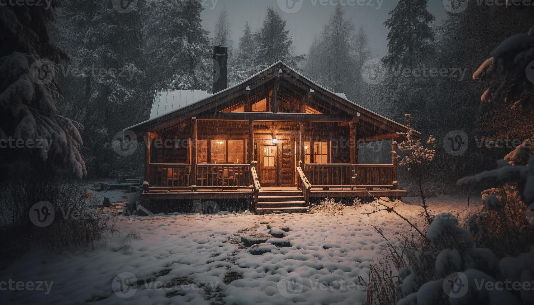 illuminé Journal cabine dans neigeux forêt paysage généré par ai photo