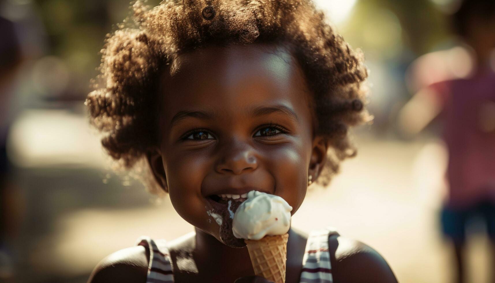 mignonne africain garçon jouit la glace crème en plein air Heureusement généré par ai photo