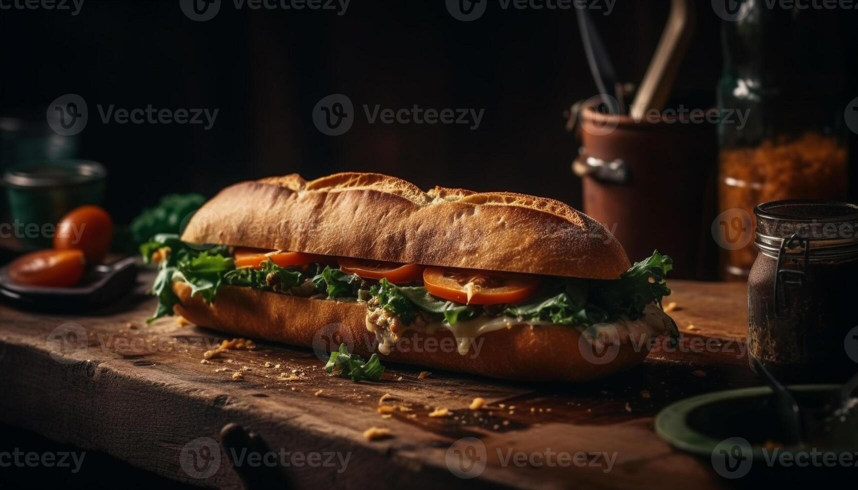 grillé pain ciabatta sandwich avec Frais Viande et des légumes généré par ai photo