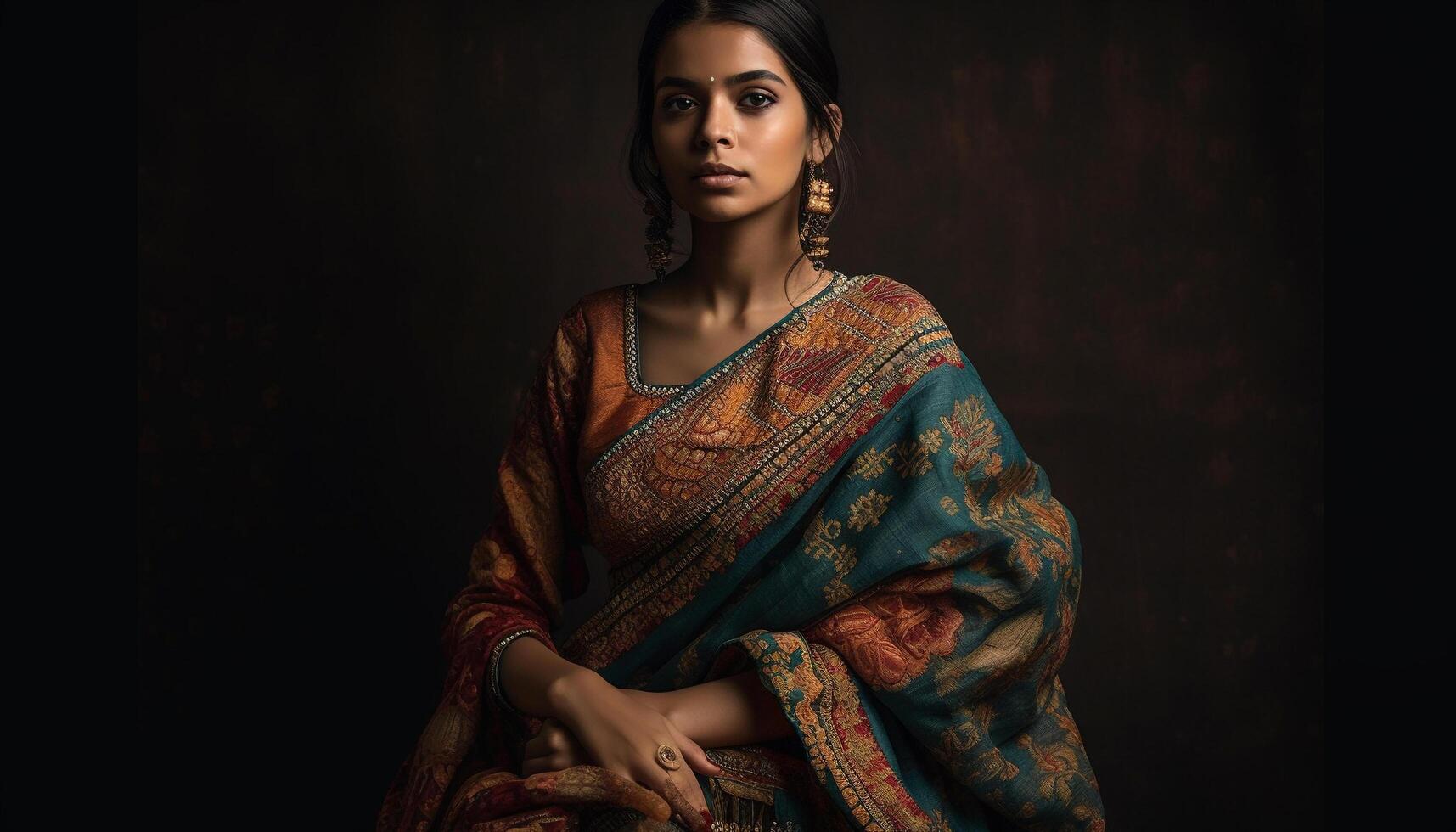 un magnifique femme dans traditionnel sari permanent en toute confiance généré par ai photo