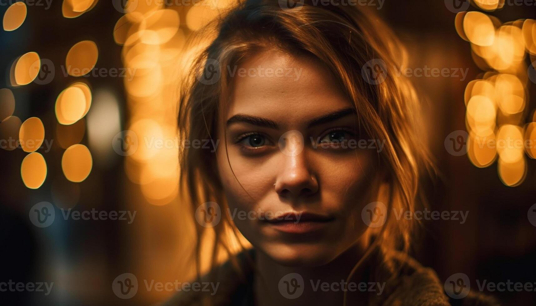 Jeune femme avec marron cheveux souriant en plein air généré par ai photo