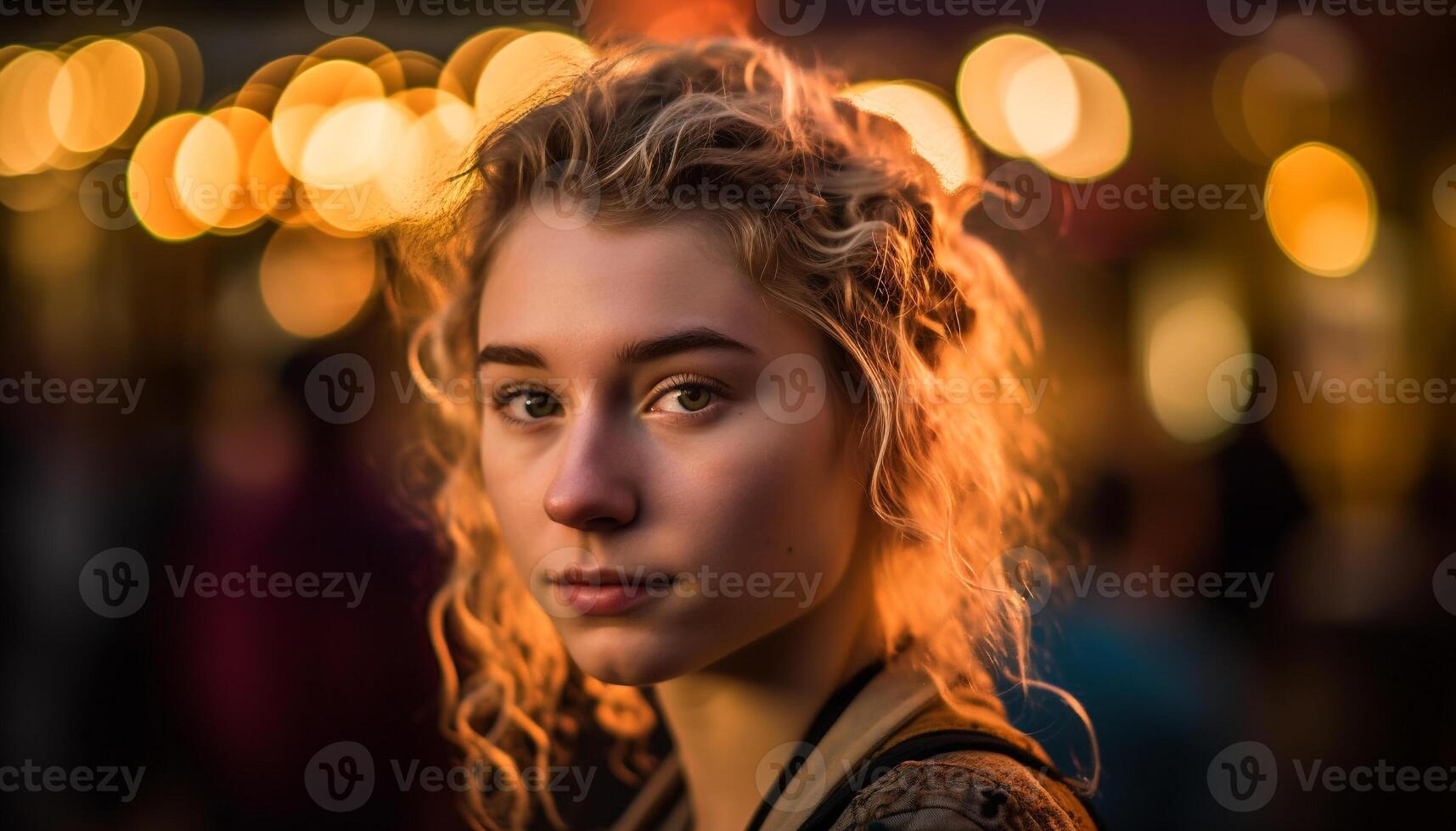 Jeune femme souriant à la recherche à caméra en plein air généré par ai photo