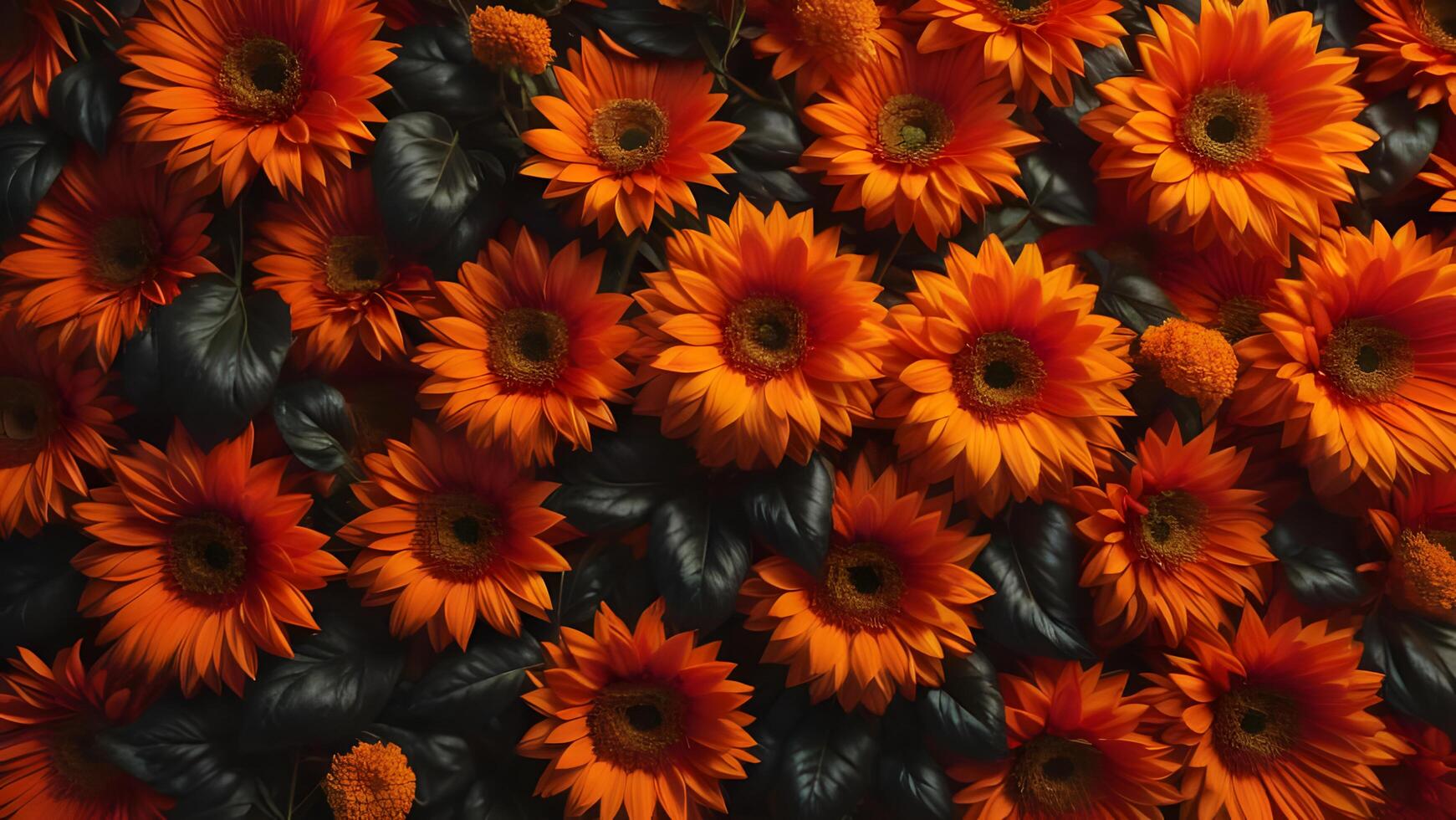 Orange gerbera fleurs et noir feuilles comme une Contexte. Haut voir. génératif ai photo