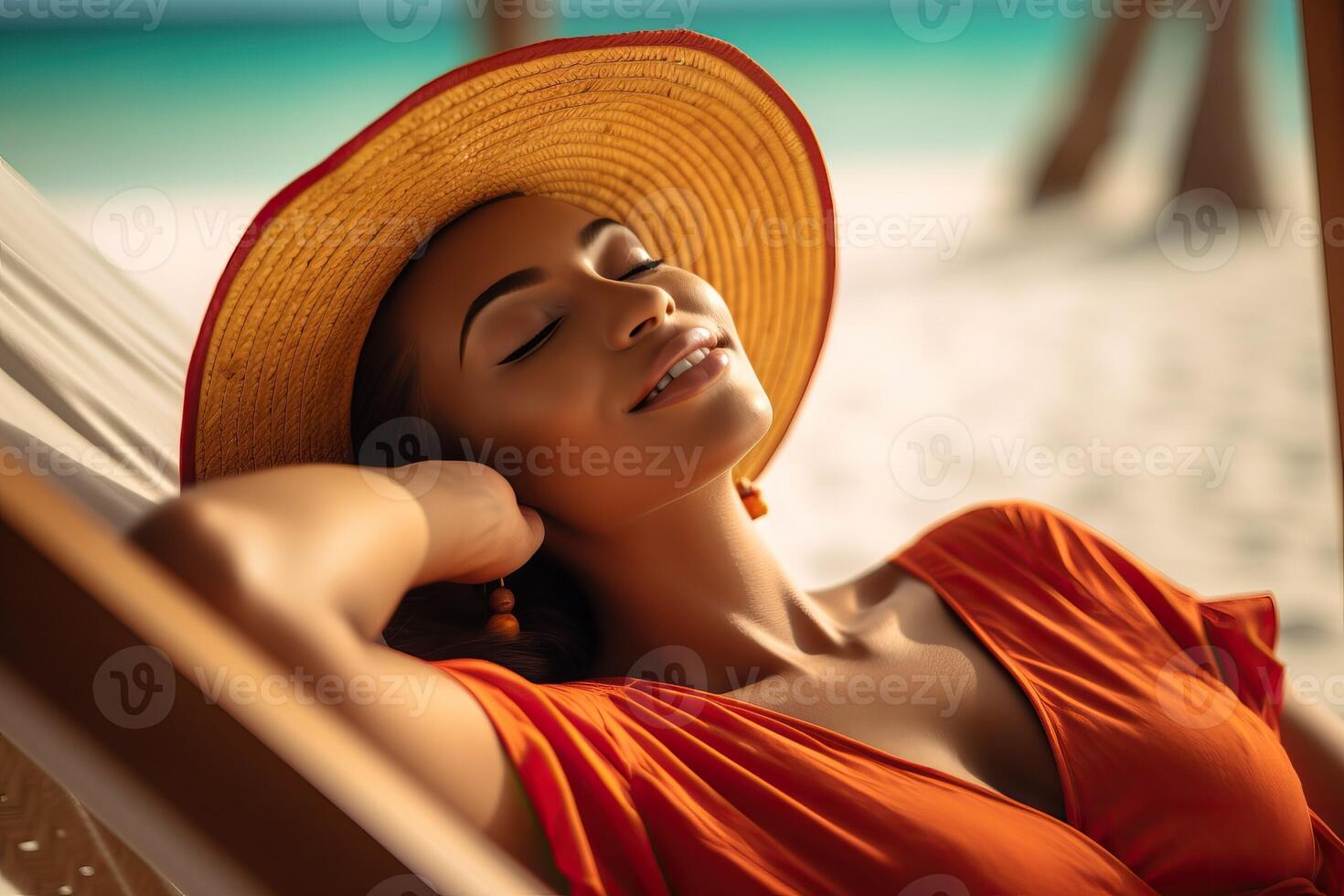 femme bain de soleil sur le plage dans le Caraïbes ai généré photo
