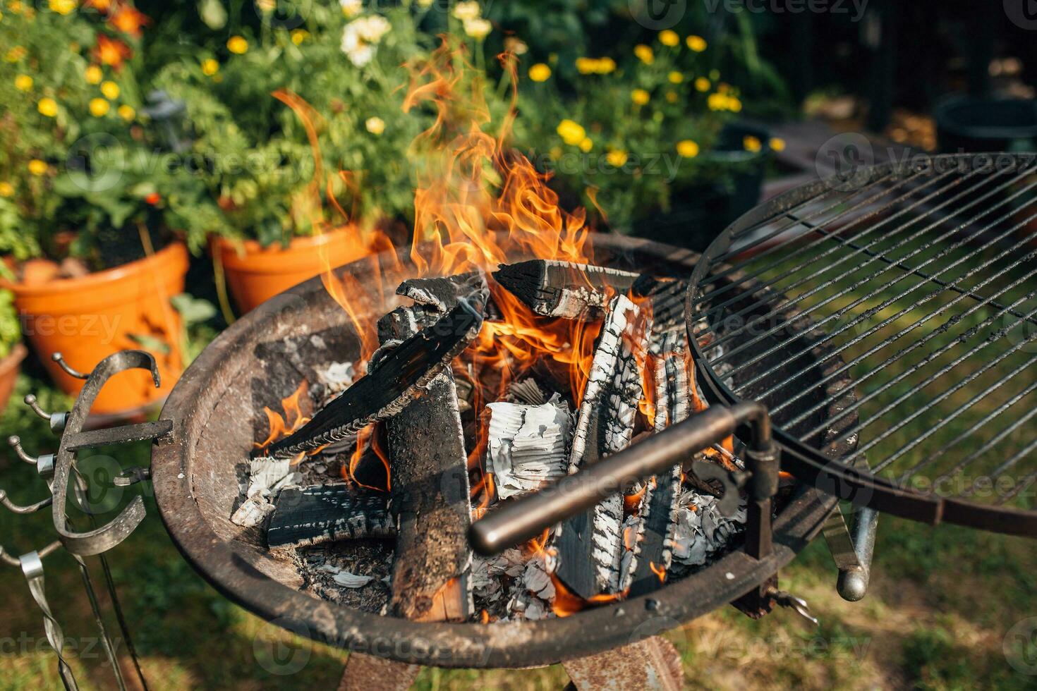 bouleau bois de chauffage dans le barbecue gril - cuisine Viande sur une Feu dans le arrière-cour fête photo