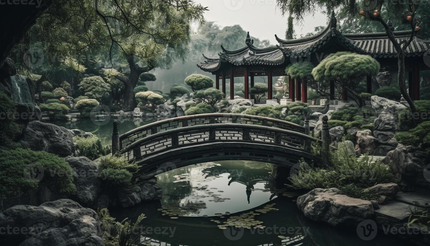 le ancien pagode reflète sur le tranquille étang à nuit généré par ai photo