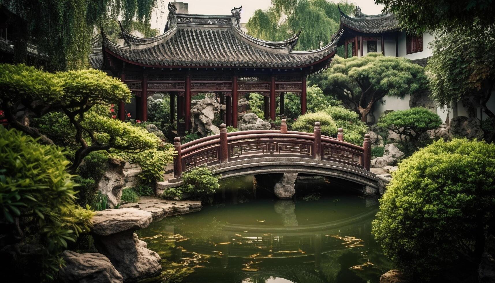 le ancien pagode dans Pékin reflète le tranquille vert forêt généré par ai photo