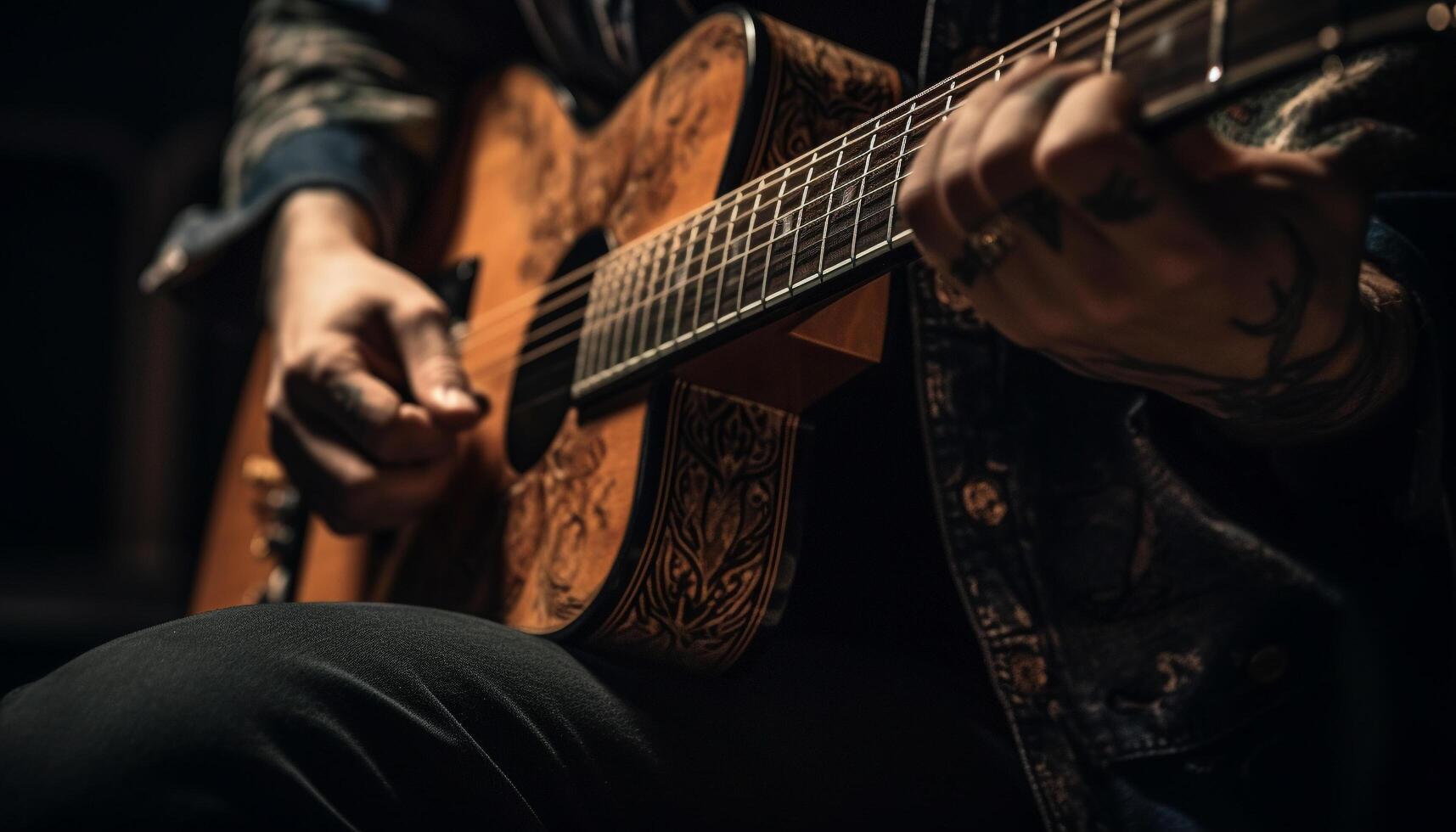 une qualifié guitariste cueillette cordes sur un acoustique instrument généré par ai photo