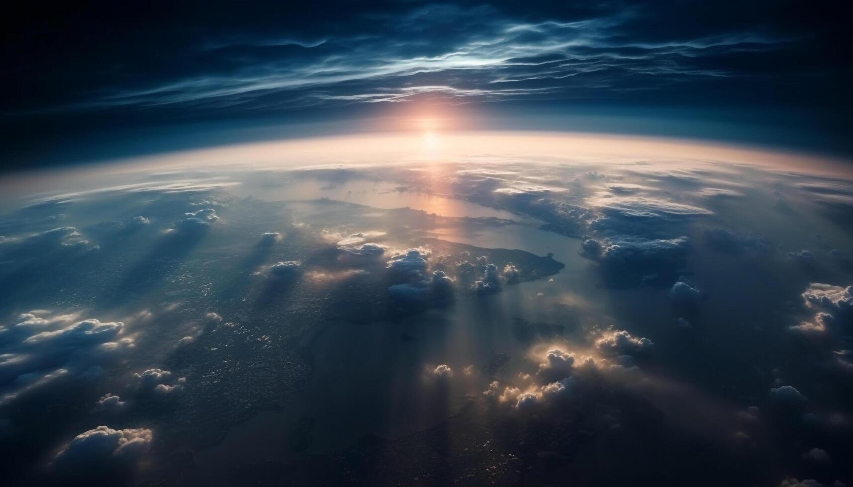 le coucher du soleil ciel, duveteux des nuages, avion en volant haut, la nature beauté brille généré par ai photo