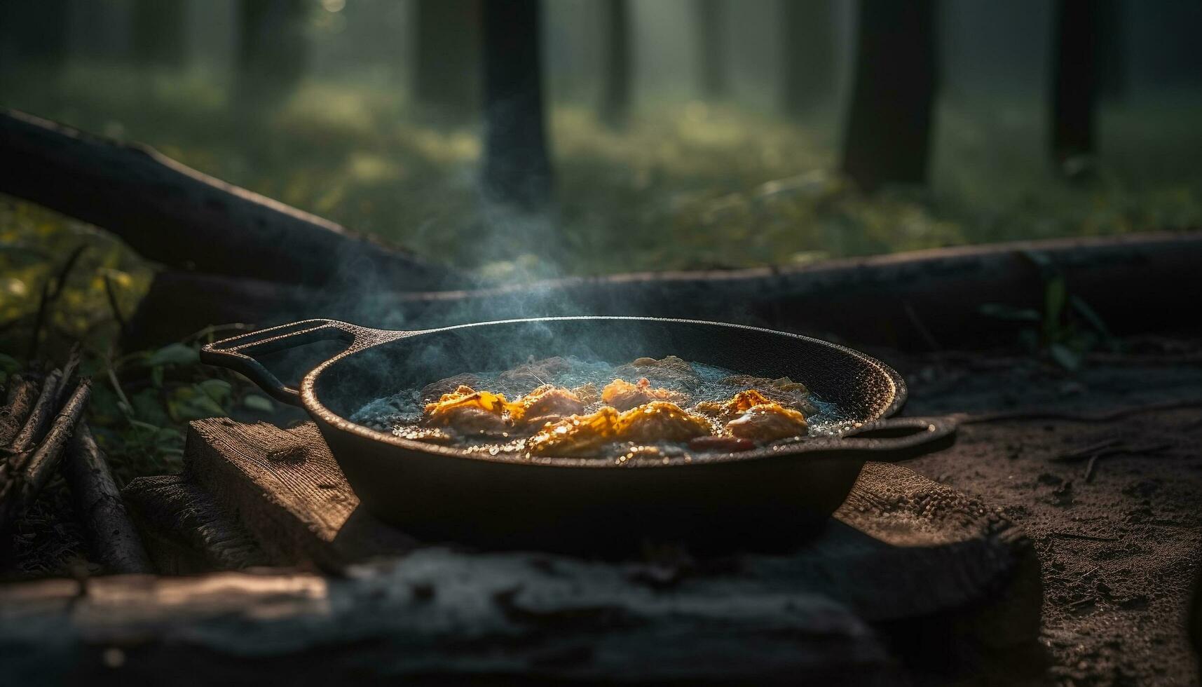 grillé Viande et des légumes sur jeter le fer poêle, parfait pique-nique repas généré par ai photo