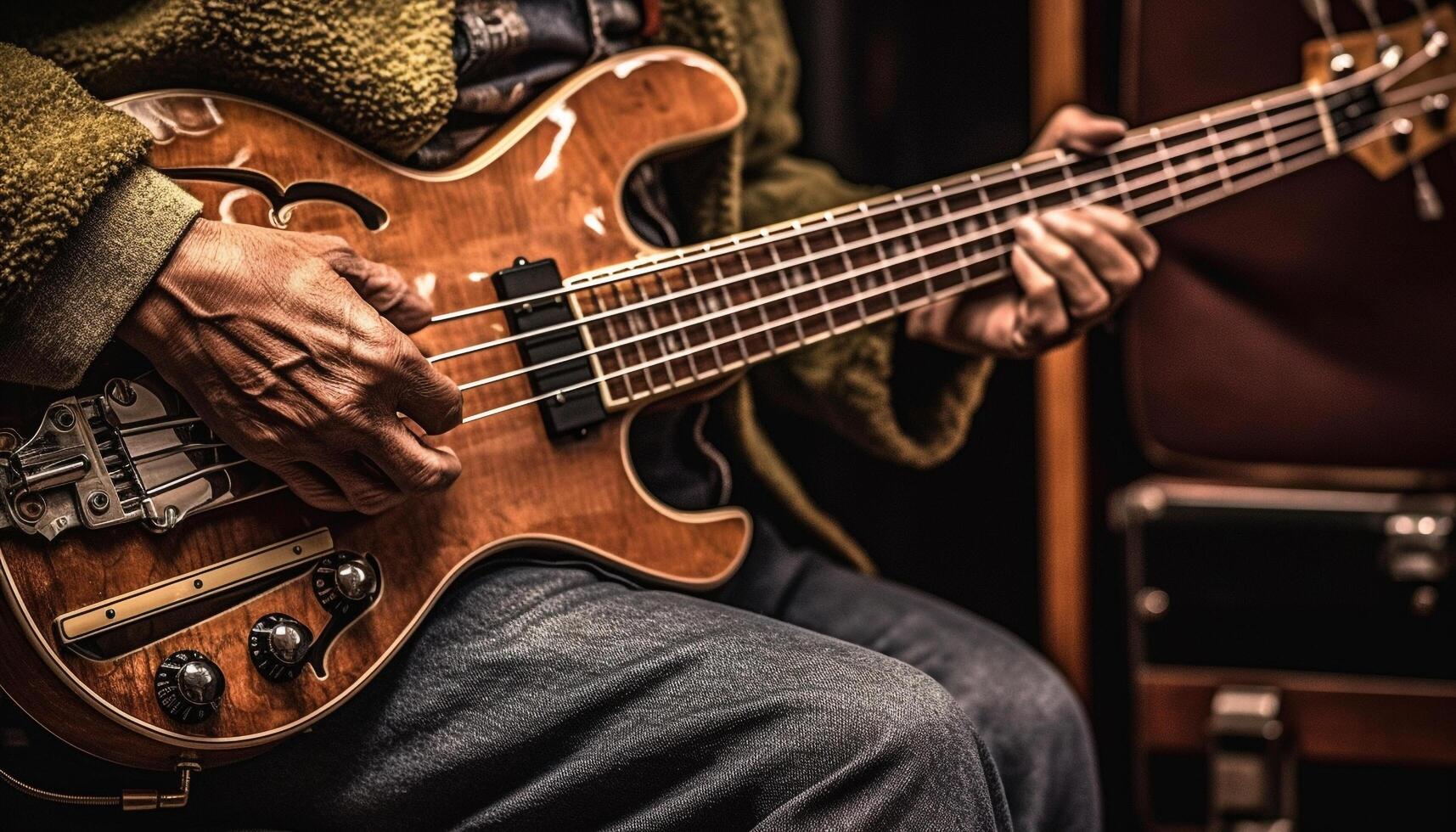 le guitariste, une qualifié interprète, cueille le acoustique guitare cordes généré par ai photo