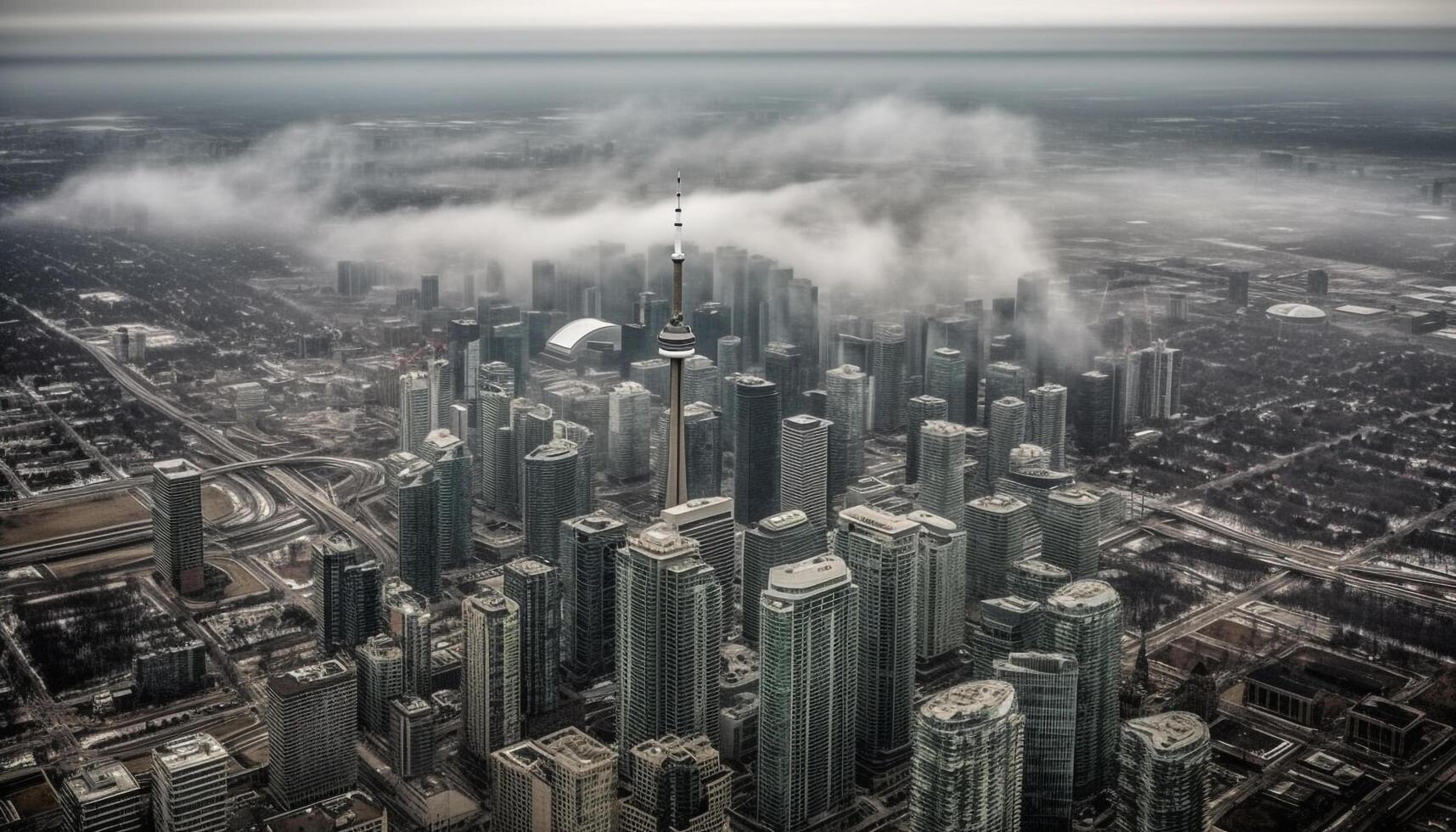 moderne grattes ciels éclairer le futuriste ville horizon haute au dessus l'eau généré par ai photo