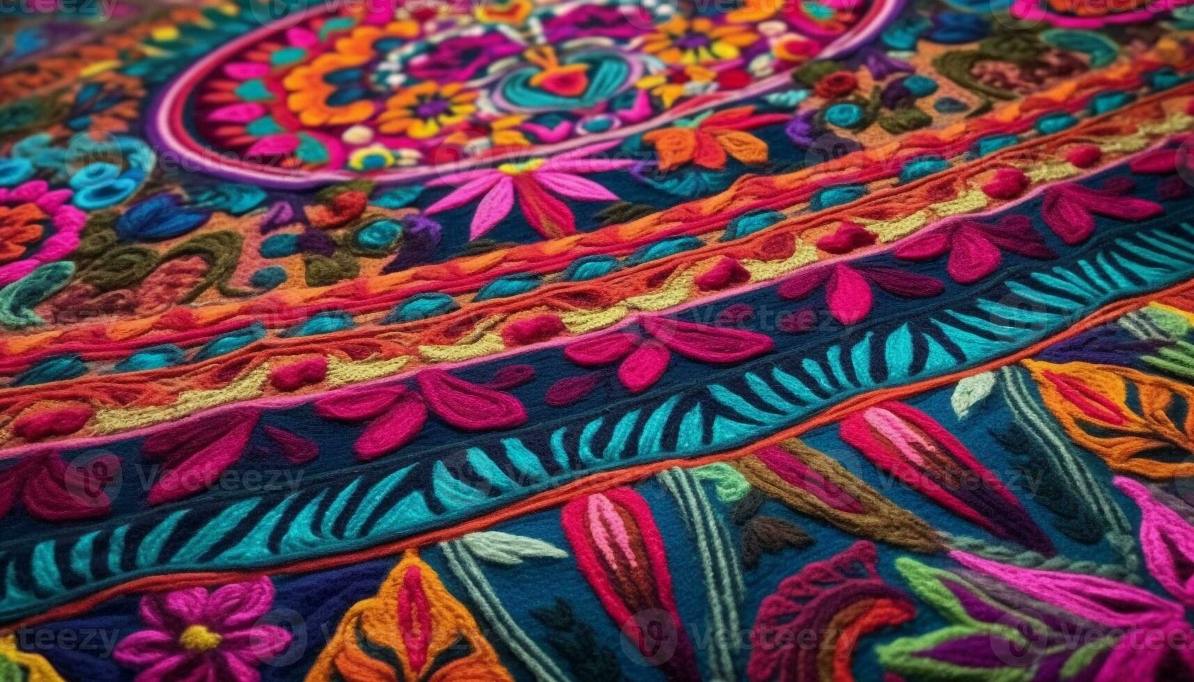 vibrant couleurs et complexe motifs orner cette Fait main tapisserie couverture généré par ai photo