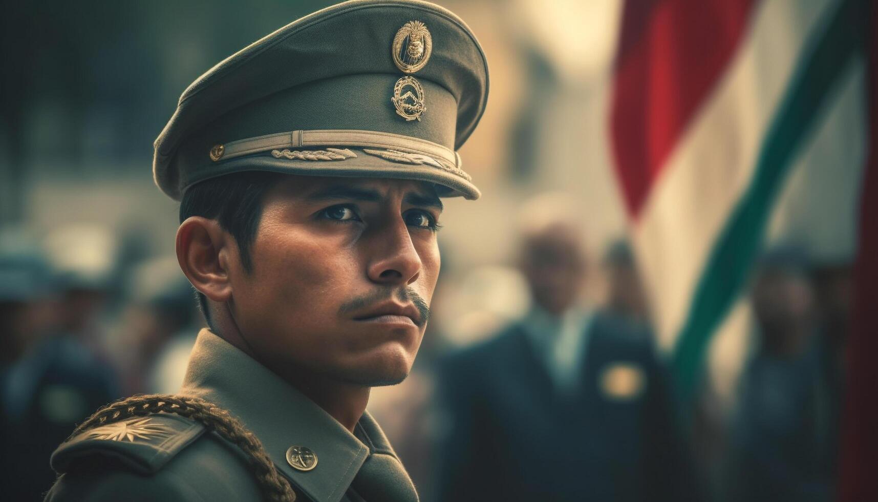 sur de soi officier salue américain drapeau dans militaire parade procession généré par ai photo