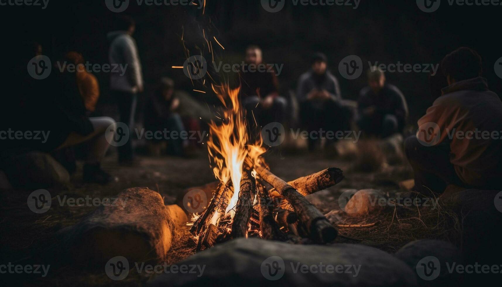 séance en plein air, femmes et Hommes prendre plaisir feu de camp, cuisine nourriture, relaxation généré par ai photo