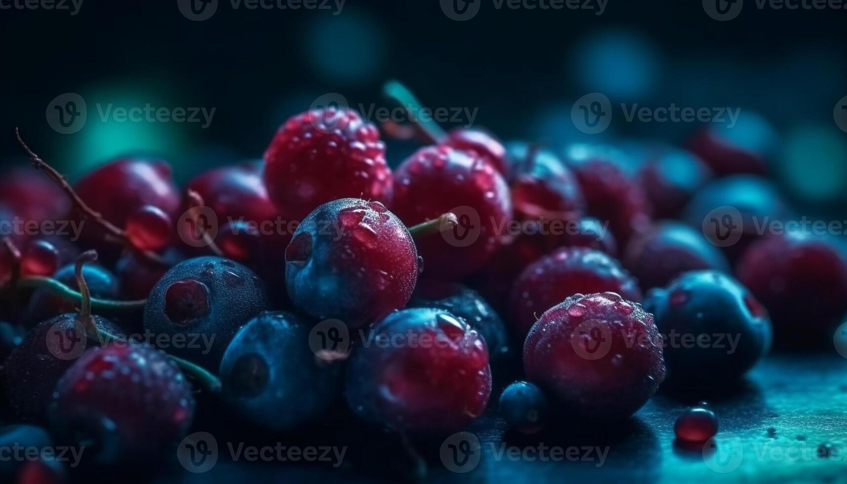 juteux baie gouttes sur Frais feuilles, une gourmet été casse-croûte généré par ai photo