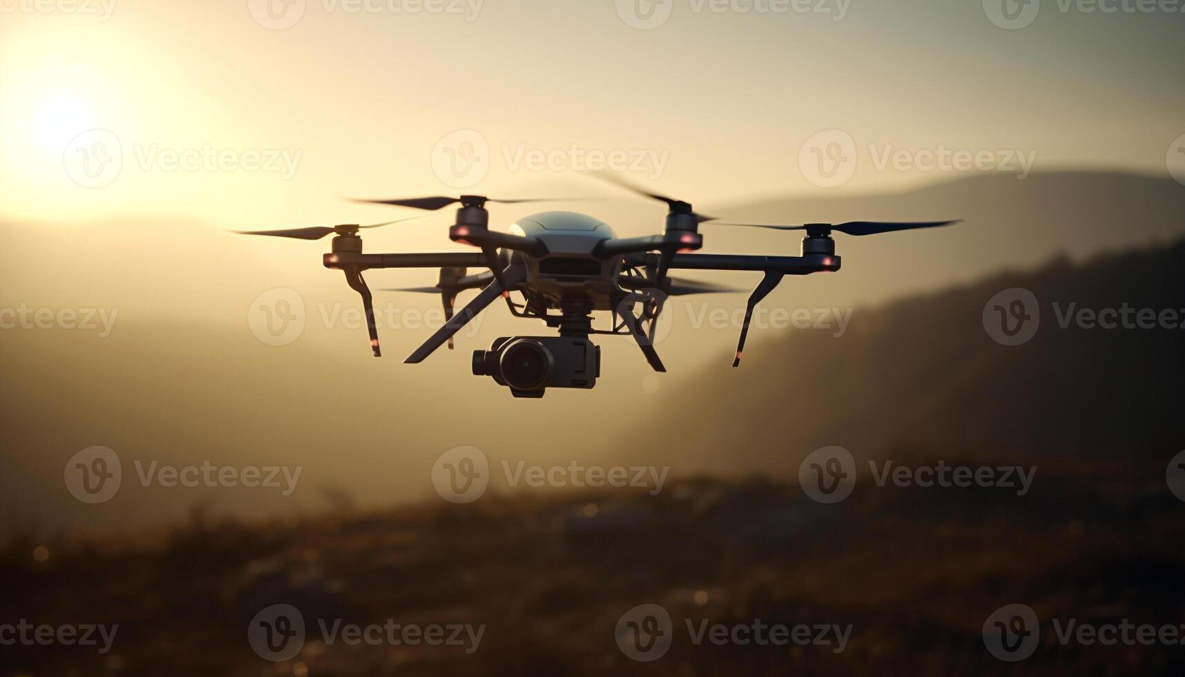 capturer une le coucher du soleil milieu air avec une éloigné maîtrisé drone généré par ai photo