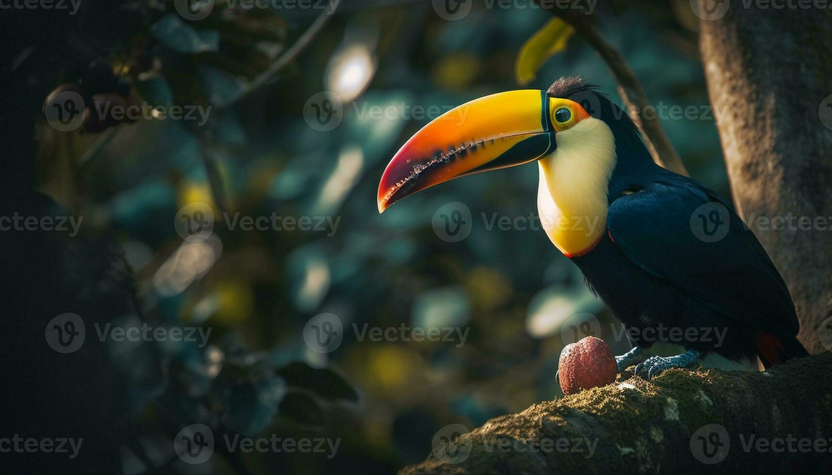 le vibrant toucan se percher sur une branche dans le forêt généré par ai photo