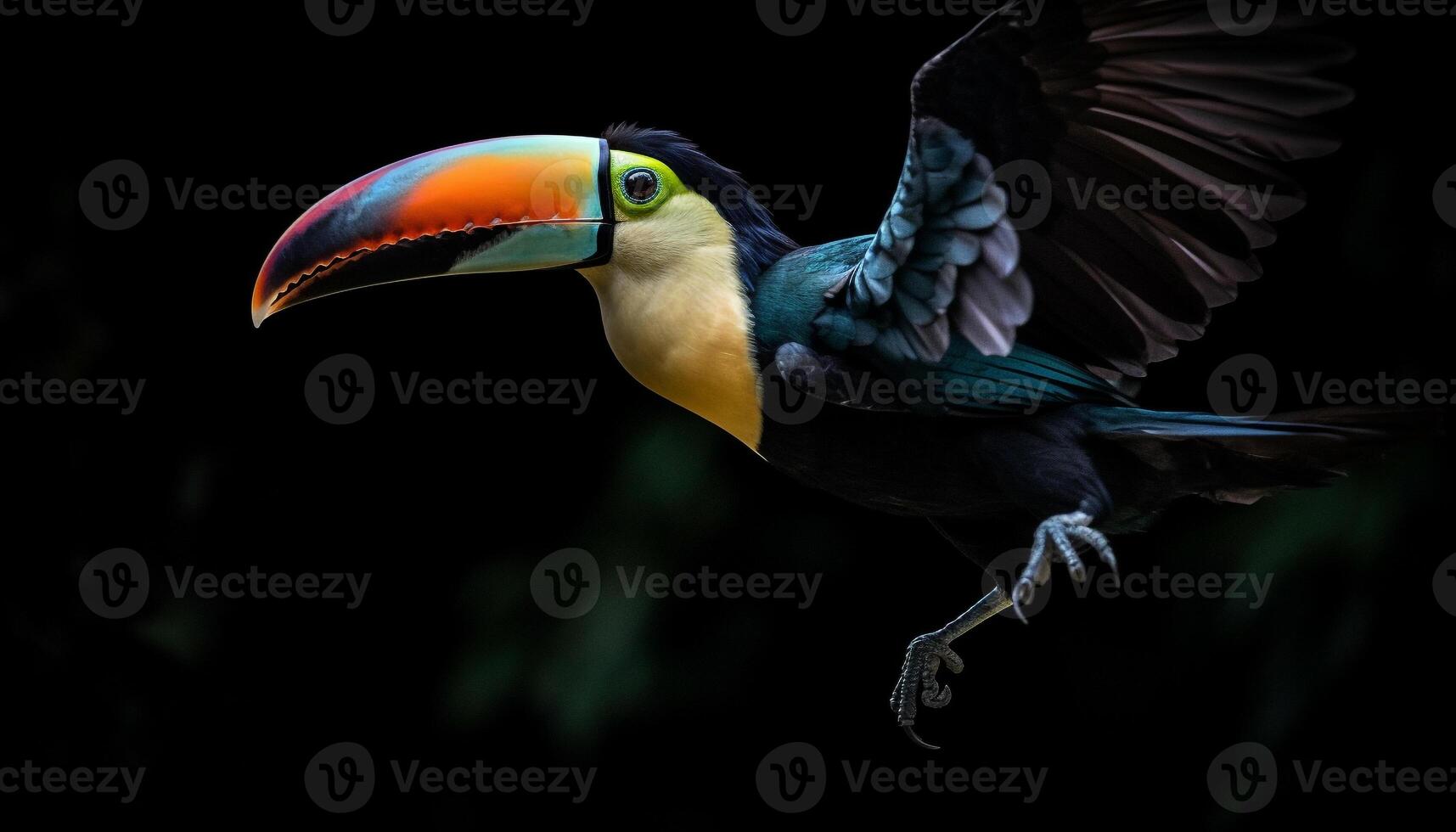 majestueux toucan se percher sur bifurquer, vibrant plumes dans concentrer généré par ai photo