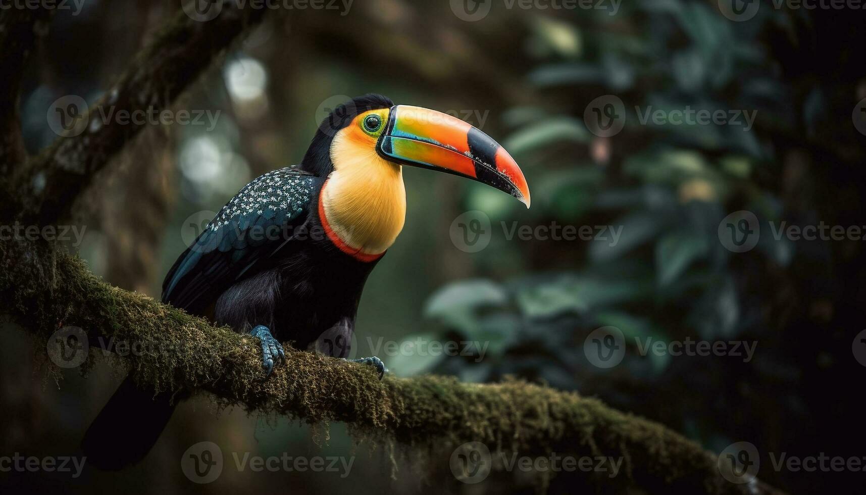 une vibrant ara se percher sur une branche dans le forêt tropicale généré par ai photo