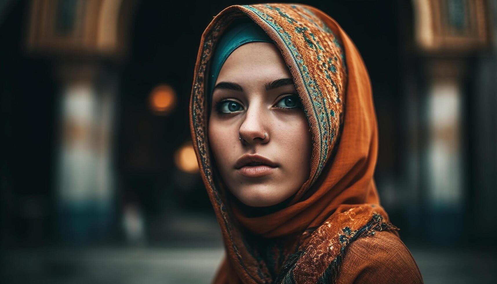 Jeune adulte femme dans hijab dégage élégance et spiritualité généré par ai photo