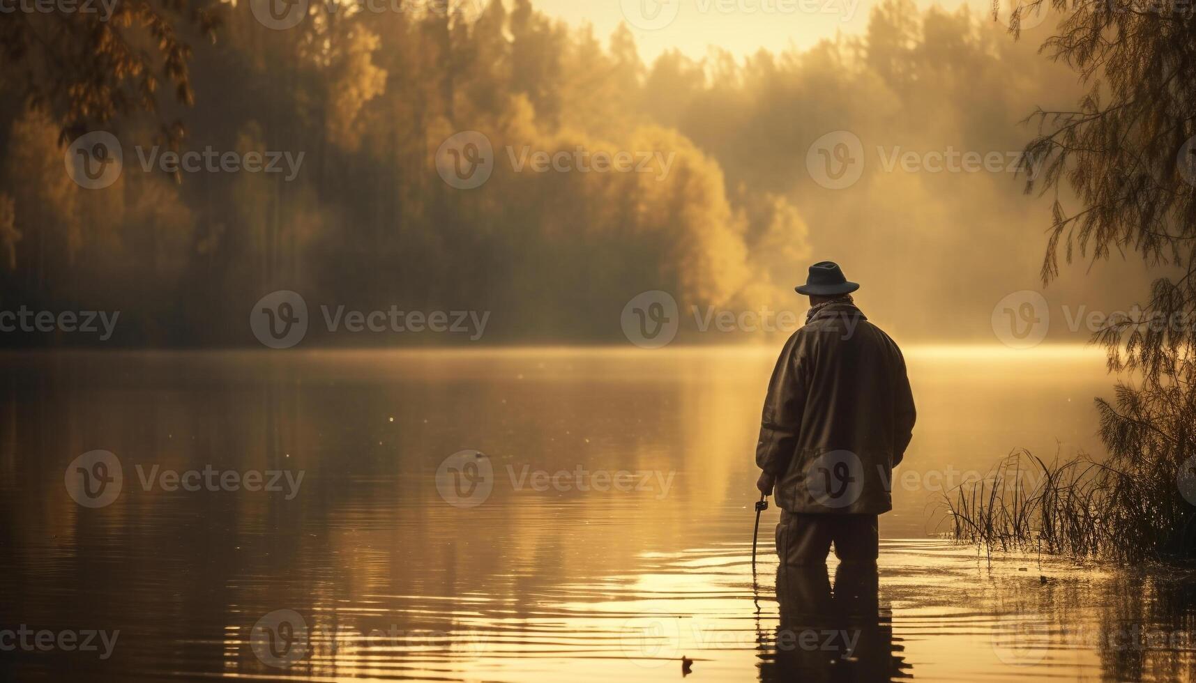 une seul pêcheur des stands dans tranquille scène, profiter loisir activité généré par ai photo