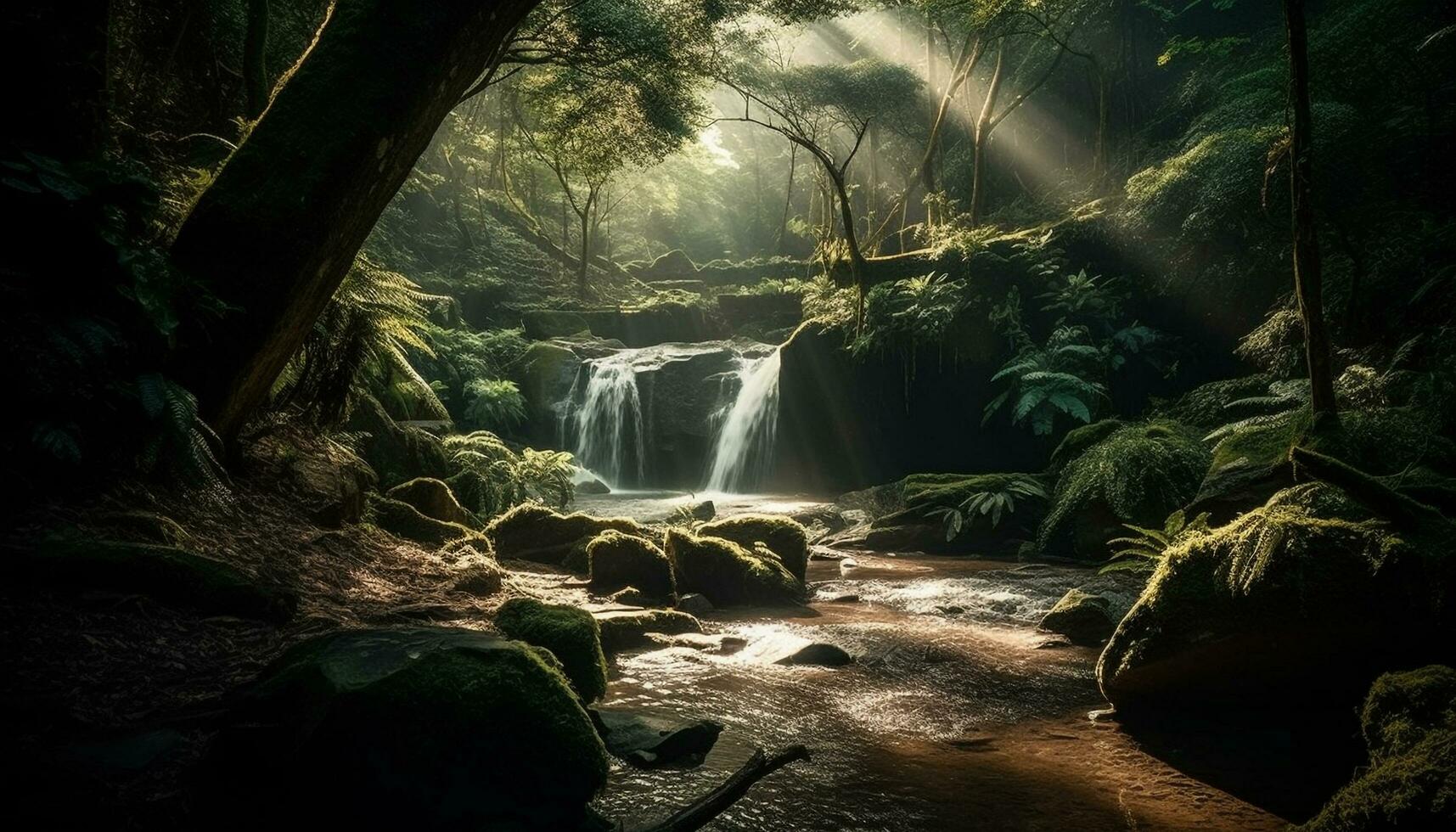 une tranquille scène de une tropical forêt tropicale avec écoulement l'eau généré par ai photo