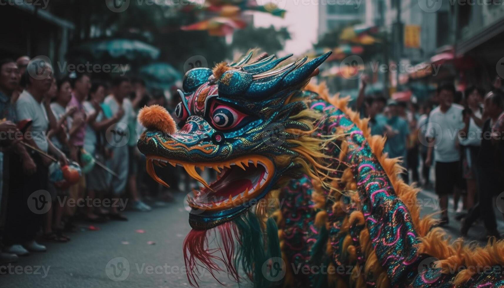 le dragon parade dans quartier chinois est une coloré fête généré par ai photo