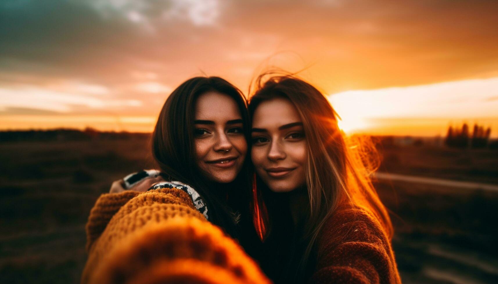 deux Jeune femmes embrasser, photographier coucher de soleil, insouciant et content généré par ai photo