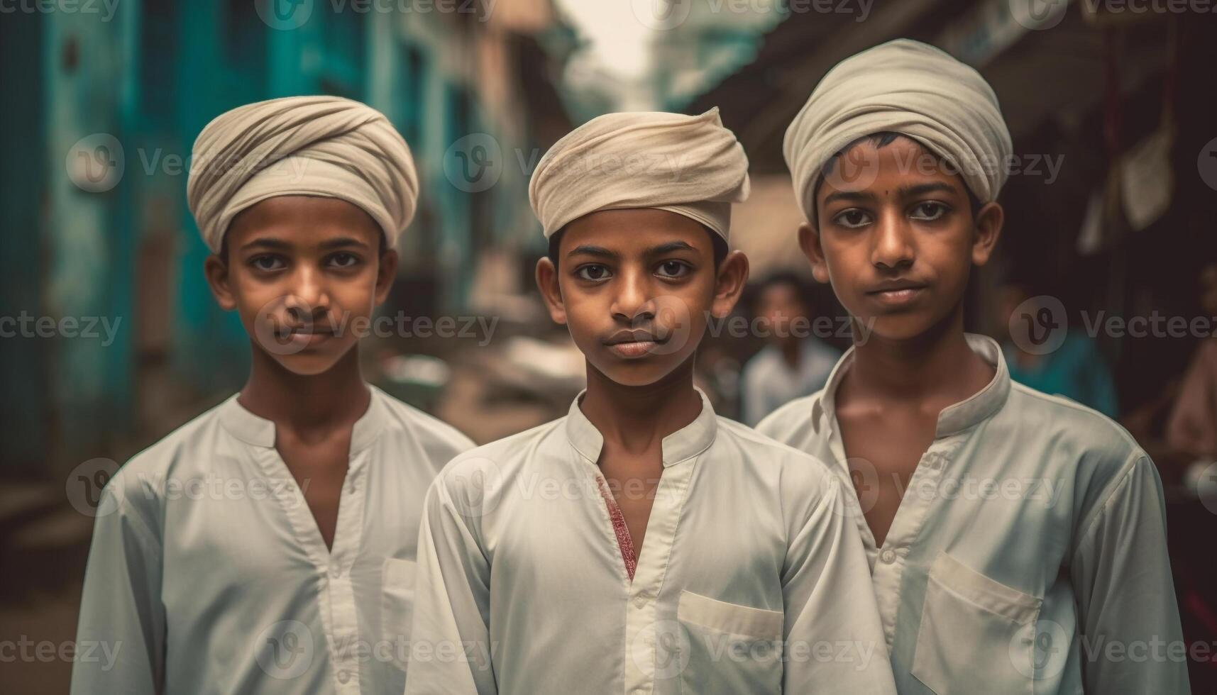 Jeune adultes dans traditionnel Vêtements souriant, à la recherche à caméra en plein air généré par ai photo