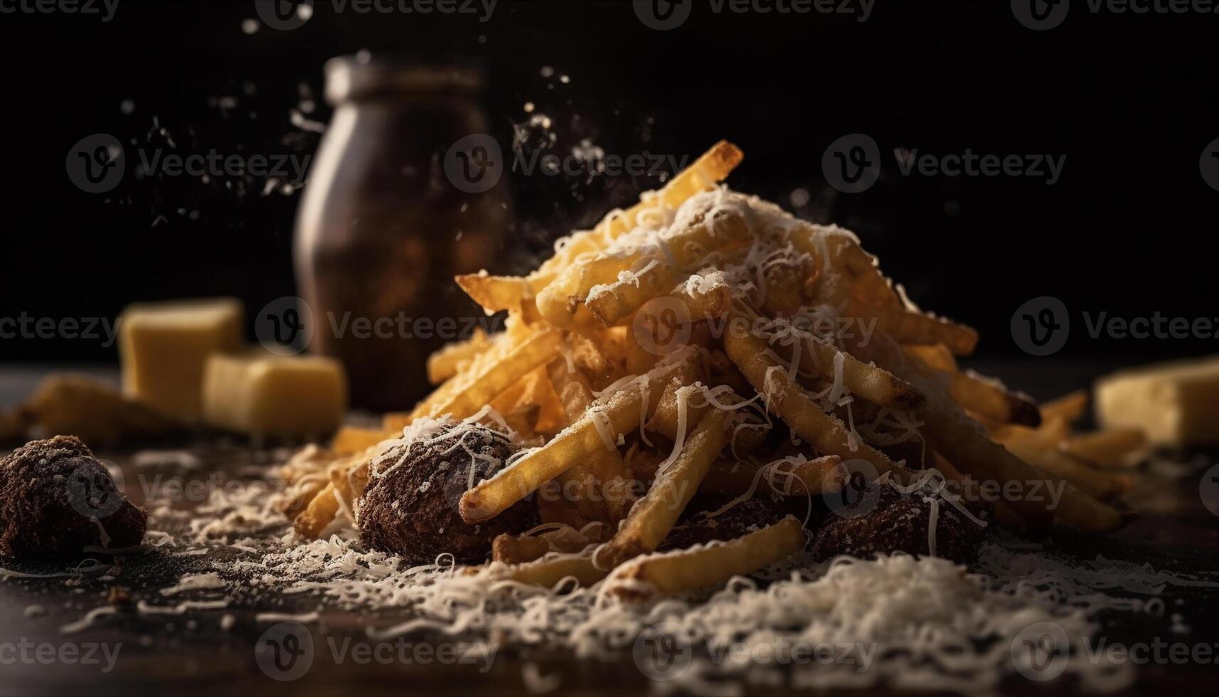 une gourmet repas de fait maison bœuf, frit français frites, et indulgent dessert généré par ai photo