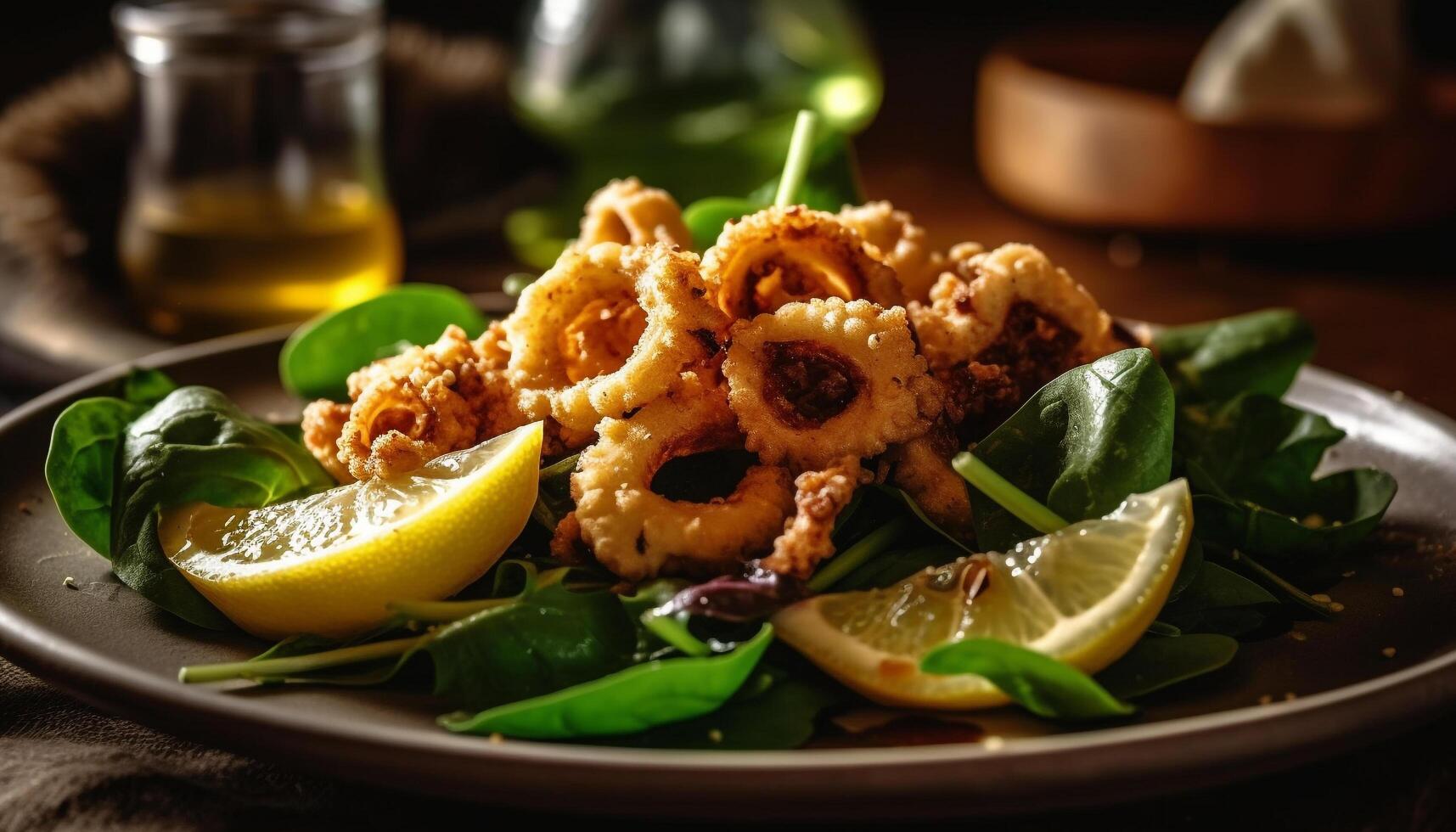 grillé Fruit de mer apéritif avec citron et Frais salade sur assiette généré par ai photo