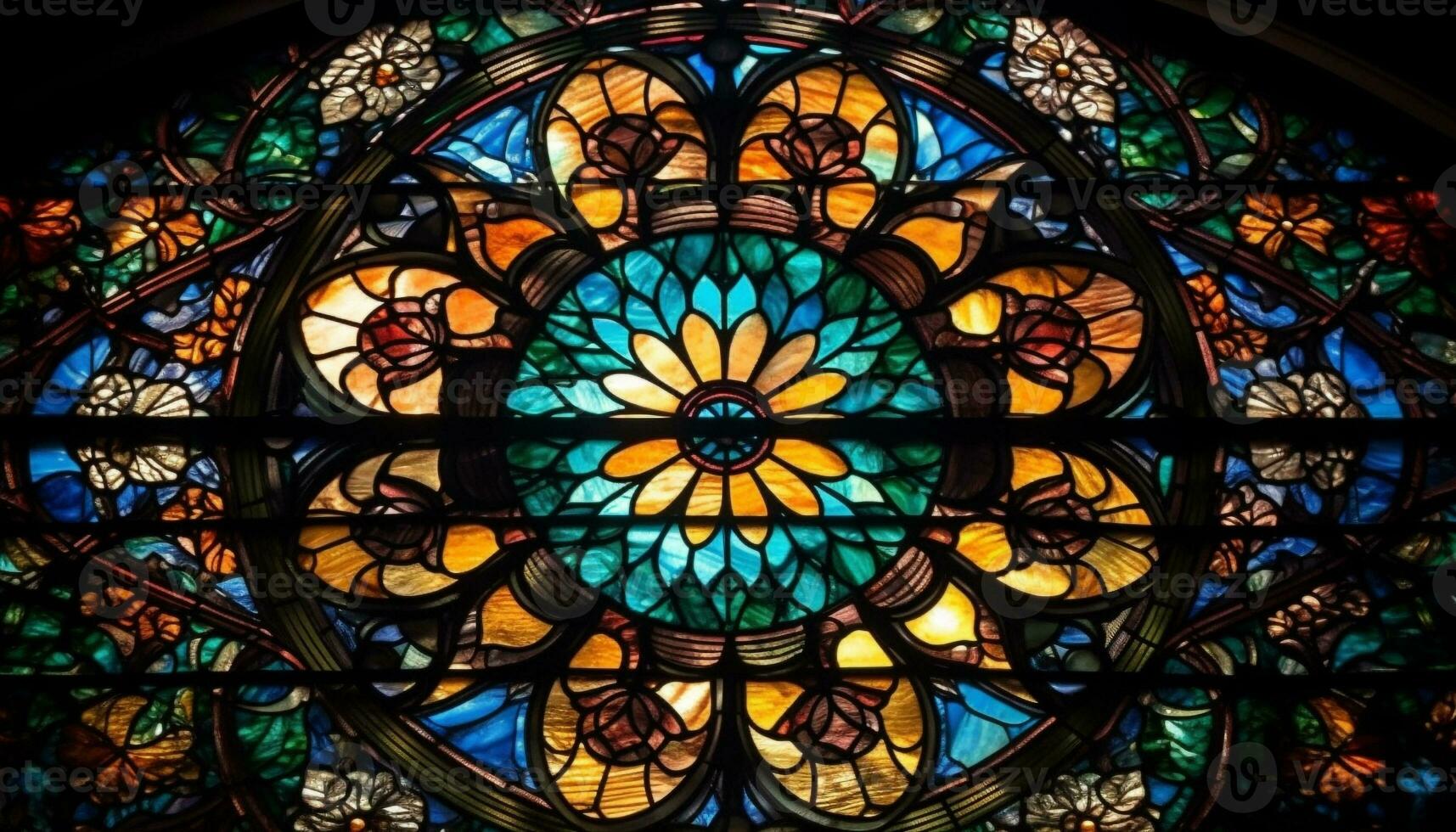 médiéval cathédrale fleuri coloré verre les fenêtres éclairer spiritualité et histoire généré par ai photo